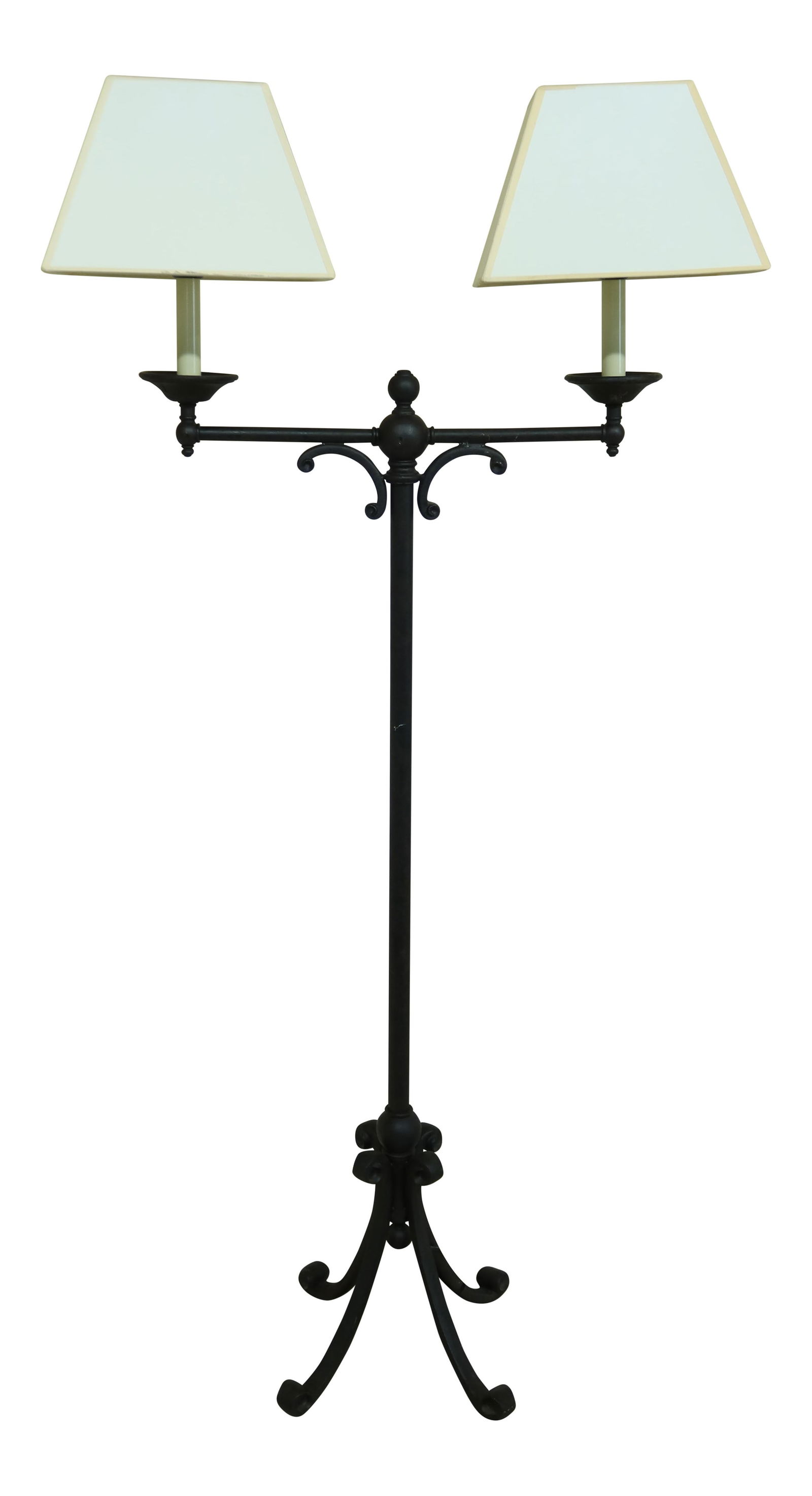 Rustic Iron 2 Arm Floor Lamp with Scroll Work: Rustic Iron 2 Arm Floor Lamp with Scroll Work Illuminate your space with this beautifully crafted Primitive Style Rustic Iron 2 Arm Floor Lamp. Featuring exquisite scroll work, this lamp combines func