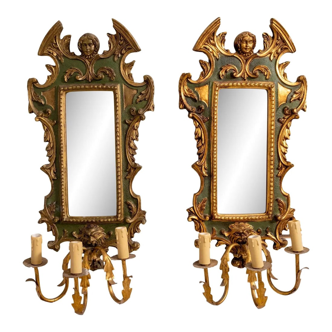 Italian Green Gold 3 Light Wall Mirror Sconces Pair (1 of 10)