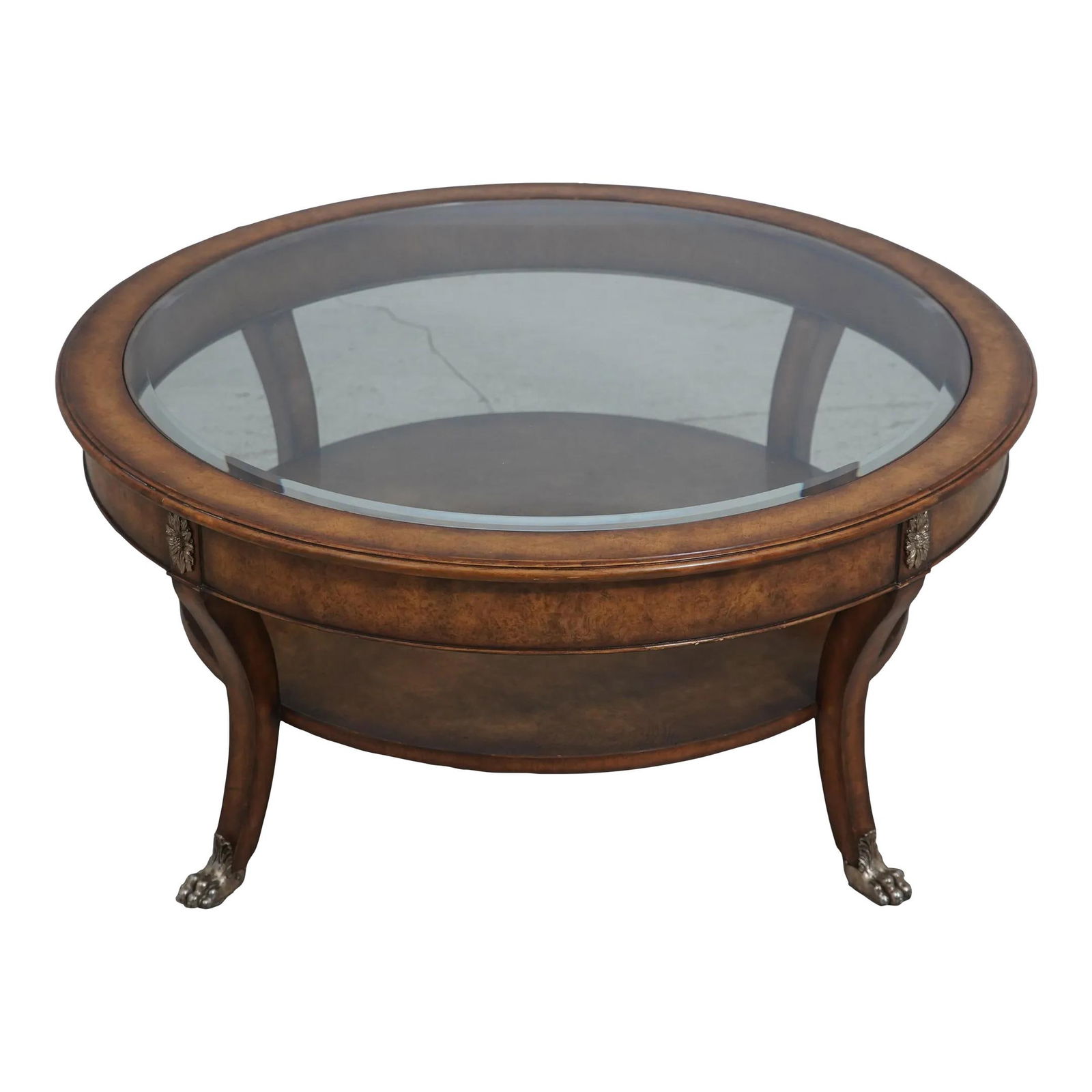 Maitland Smith Round Walnut Coffee Table with Beveled Glass (1 of 10)