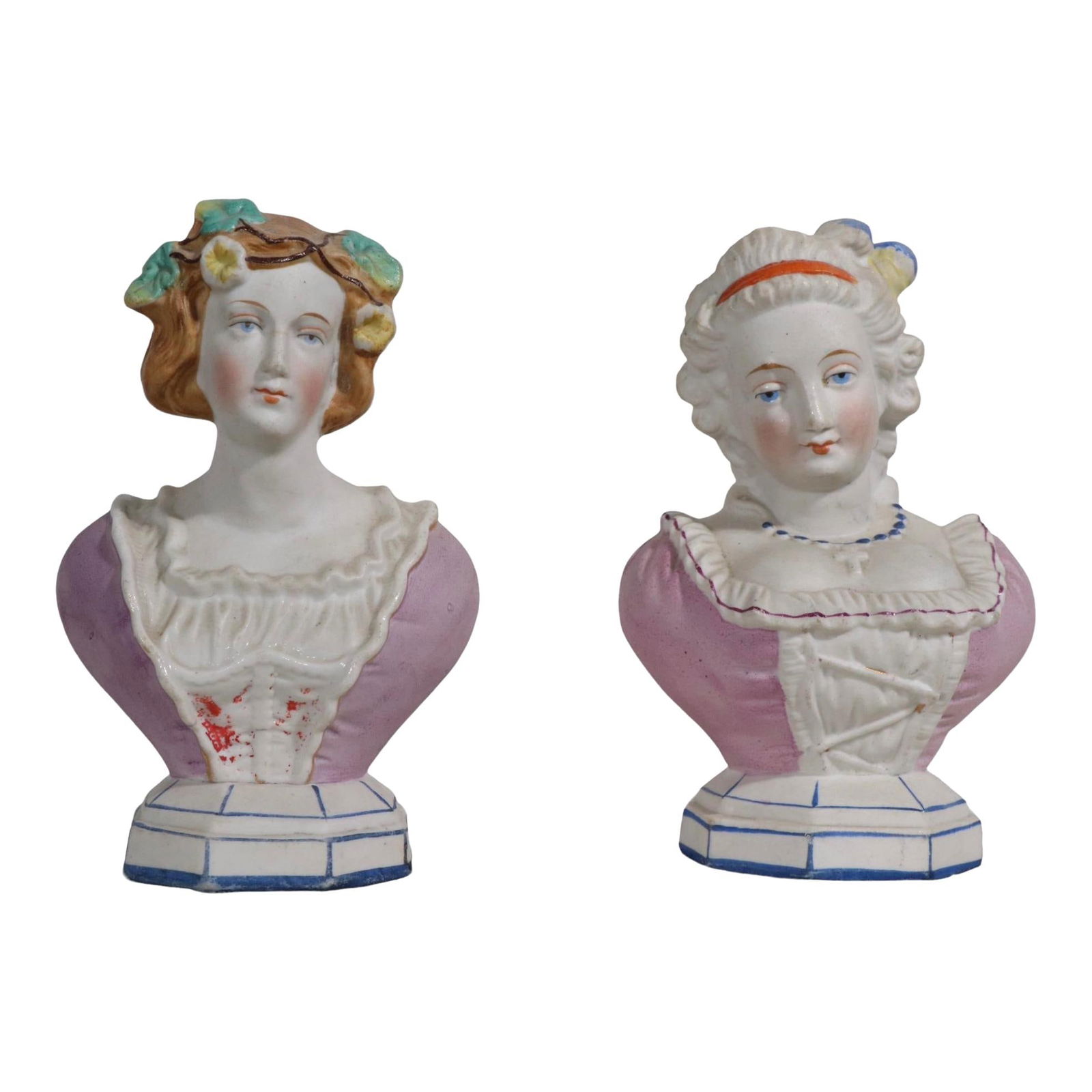 Set of 2 19th Century German Porcelain Bust Figurines: Set of 2 19th Century German Porcelain Bust Figurines This charming set features two miniature porcelain busts of female figures from the 19th century, crafted in Germany. Both busts are in very good