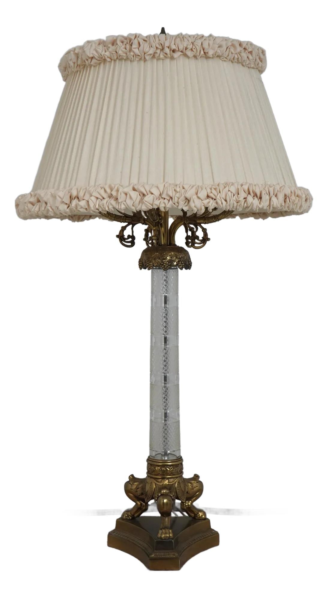 Warren Kessler Crystal Brass Column Lamp with Fringed Shade (1 of 10)