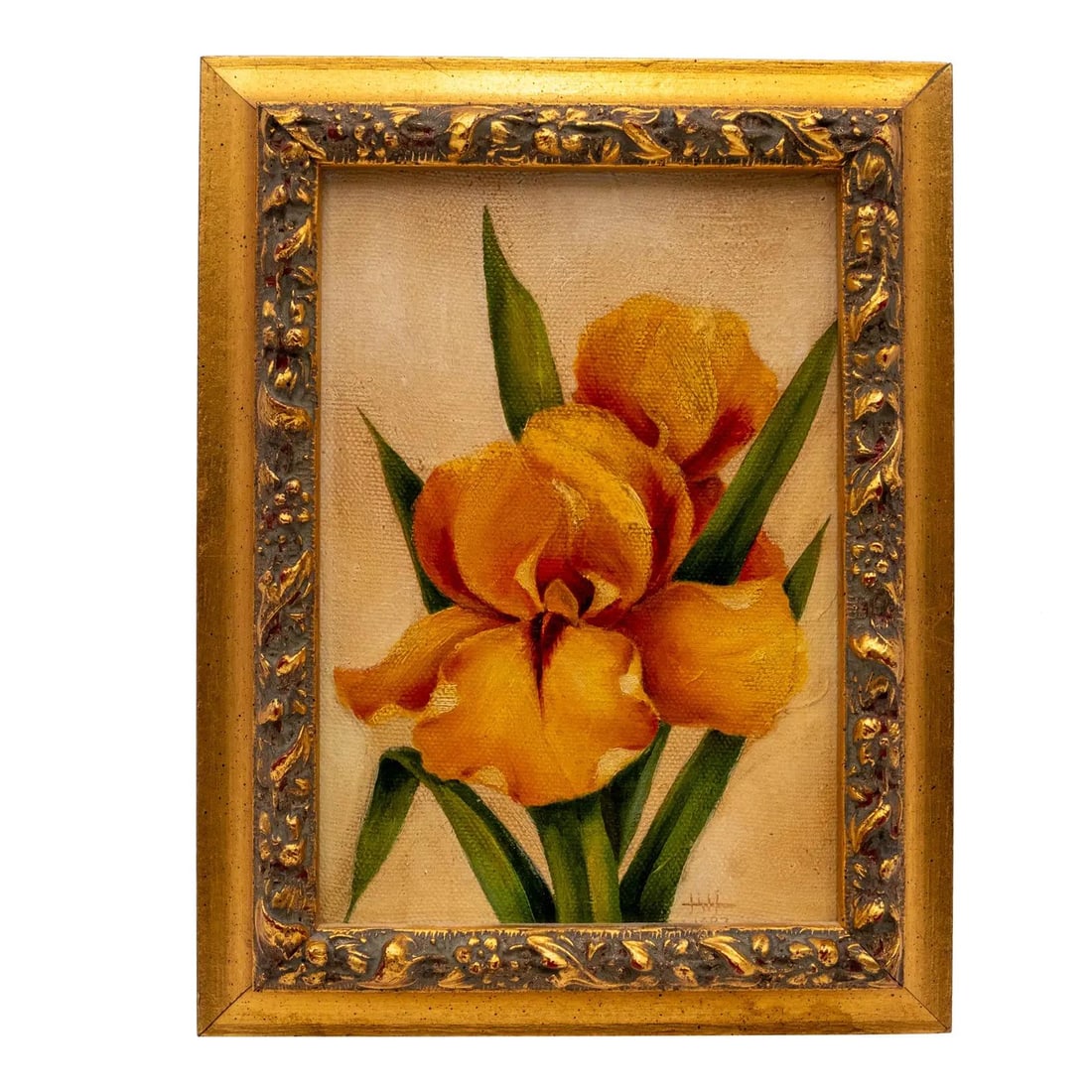 Signed 1987 Framed Oil Painting Yellow Iris Flowers Gold Frame (1 of 7)