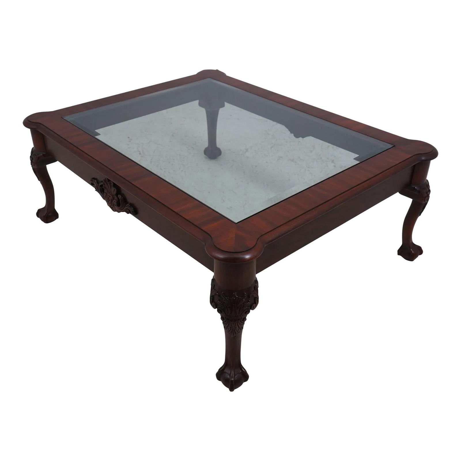 Henkel Harris Chippendale Mahogany Coffee Table with Beveled Glass Top: Henkel Harris Chippendale Mahogany Coffee Table with Beveled Glass Top This exquisite Henkel Harris coffee table showcases a classic Chippendale style, featuring elegant ball and claw feet and a beaut