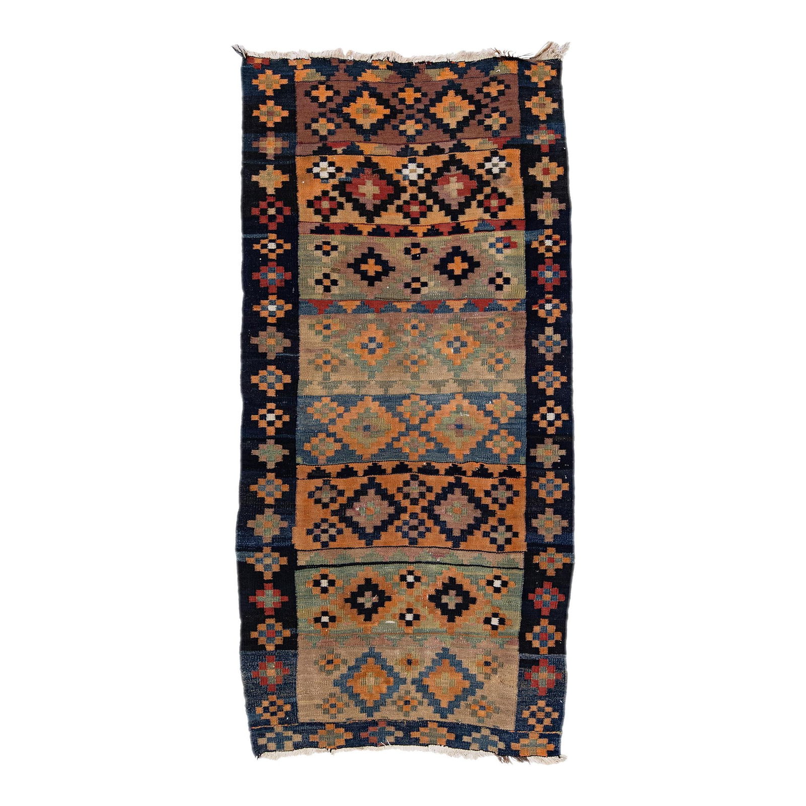 Vintage Turkish Kilim Handmade Wool Rug 4'1 x 8'3 Multicolor Tribal Design: Vintage Turkish Kilim Handmade Wool Rug 4'1 x 8'3 Multicolor Tribal Design Discover the charm of this vintage Turkish Kilim rug, expertly hand-knotted from high-quality wool. The striking orange field