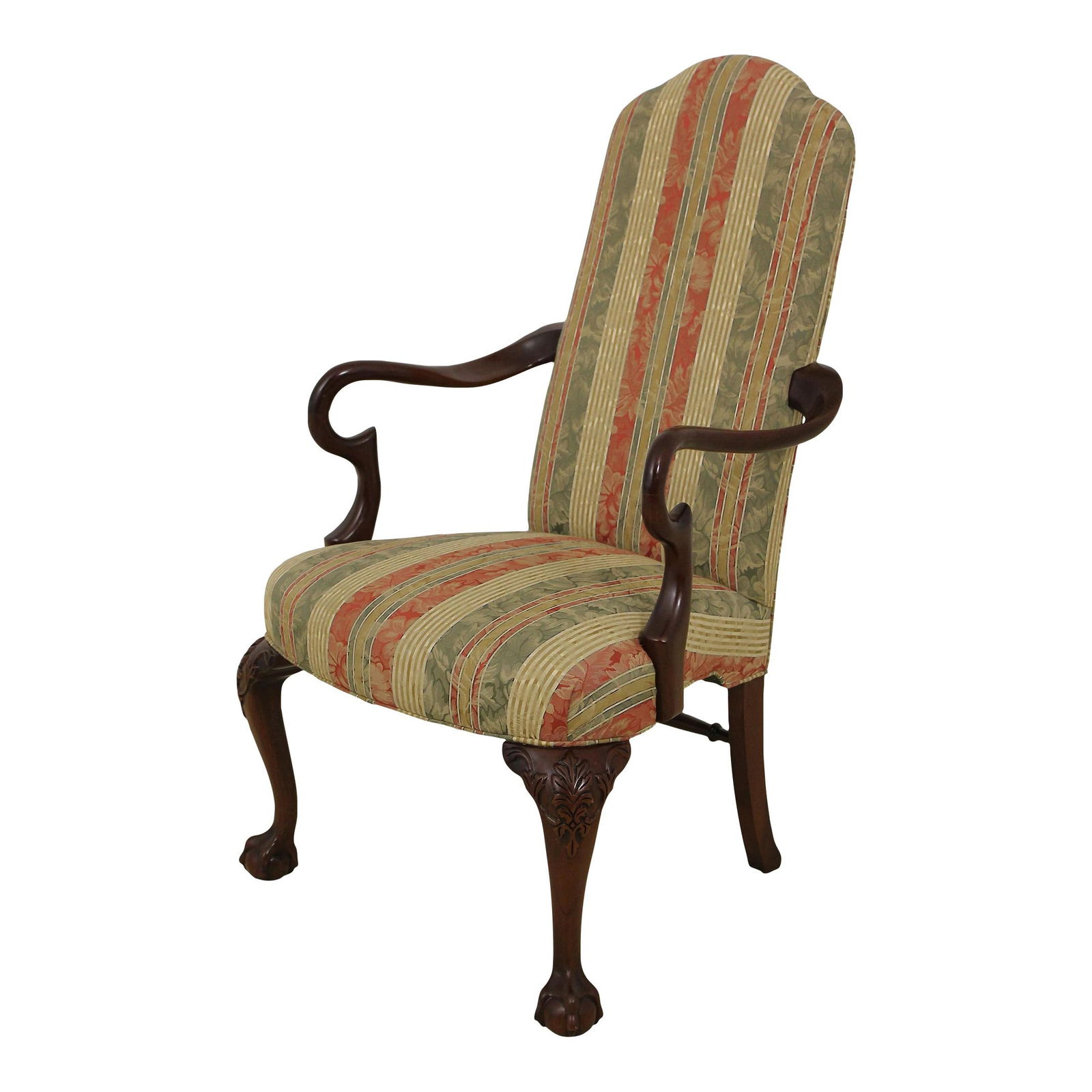 Southwood Mahogany Armchair with Ball & Claw Feet and Damask Upholstery: Southwood Mahogany Armchair with Ball & Claw Feet and Damask Upholstery This exquisite Southwood Ball & Claw Mahogany Armchair is a stunning addition to any traditional decor. Crafted from solid mahog
