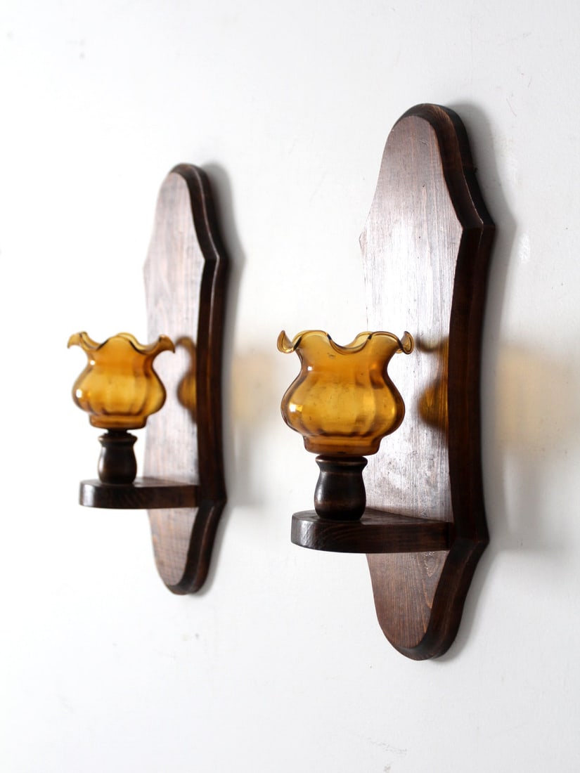 Charming Vintage Pine Wall Sconces with Amber Glass Pair (1 of 13)