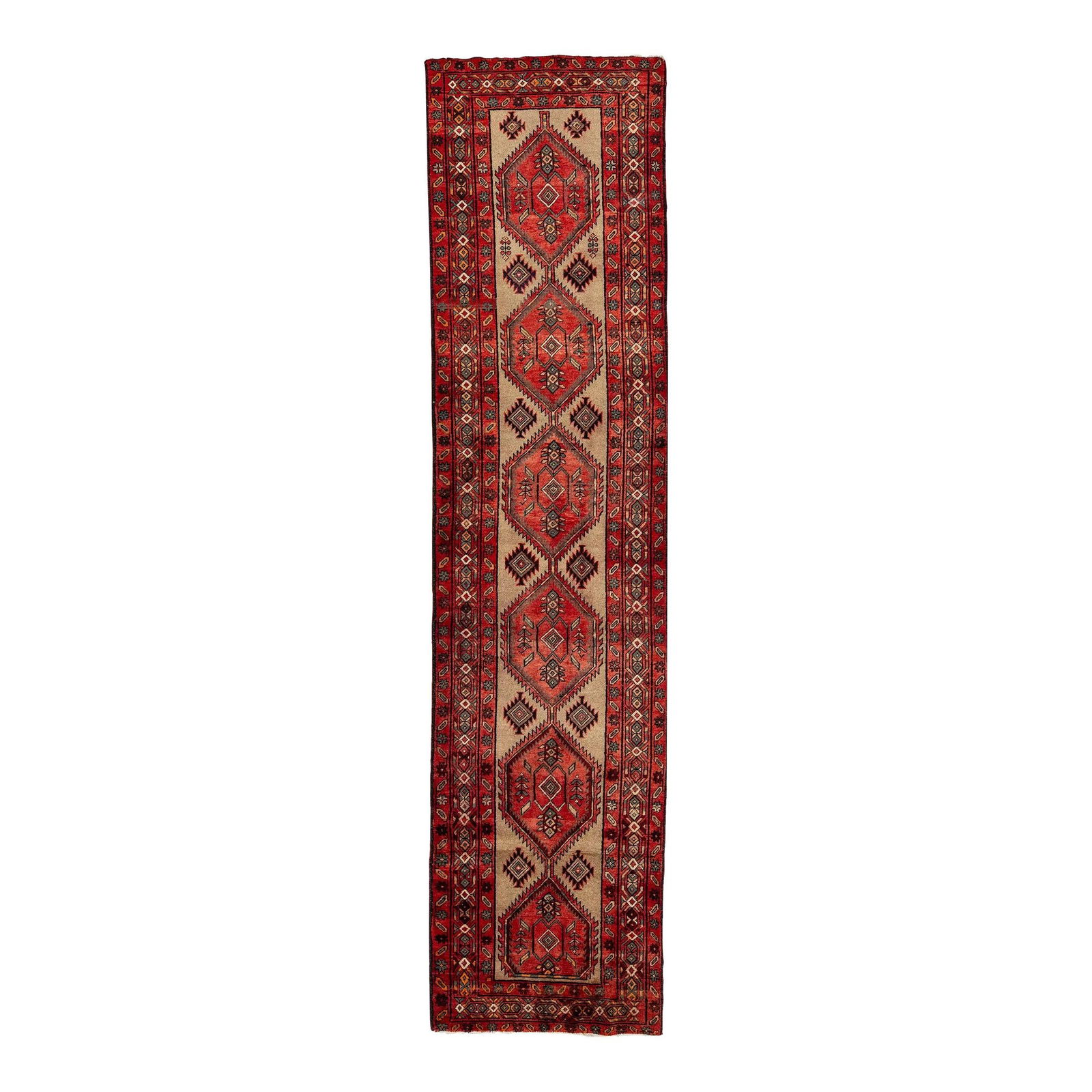 1960s Vintage Serab Wool Runner Tribal Motif Red Accents 3'5 x 13'11: 1960s Vintage Serab Wool Runner Tribal Motif Red Accents 3'5 x 13'11 Elevate your space with this stunning vintage Serab hand-knotted wool runner from the 1960s. Featuring a captivating tribal motif,