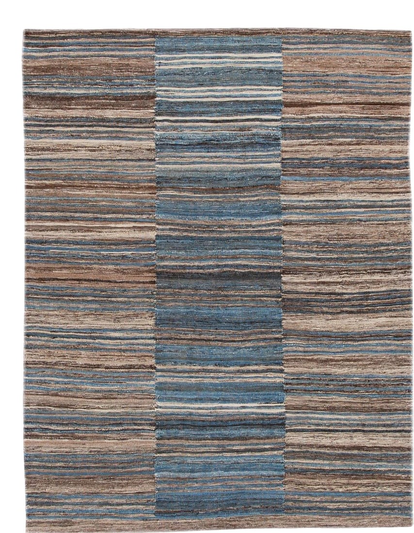 Handmade Wool Kilim Rug with Stripes in Brown Beige and Blue: Handmade Wool Kilim Rug with Stripes in Brown Beige and Blue Enhance your living space with this stunning modern flat-weave handmade wool rug. Featuring a captivating geometric striped design in a war