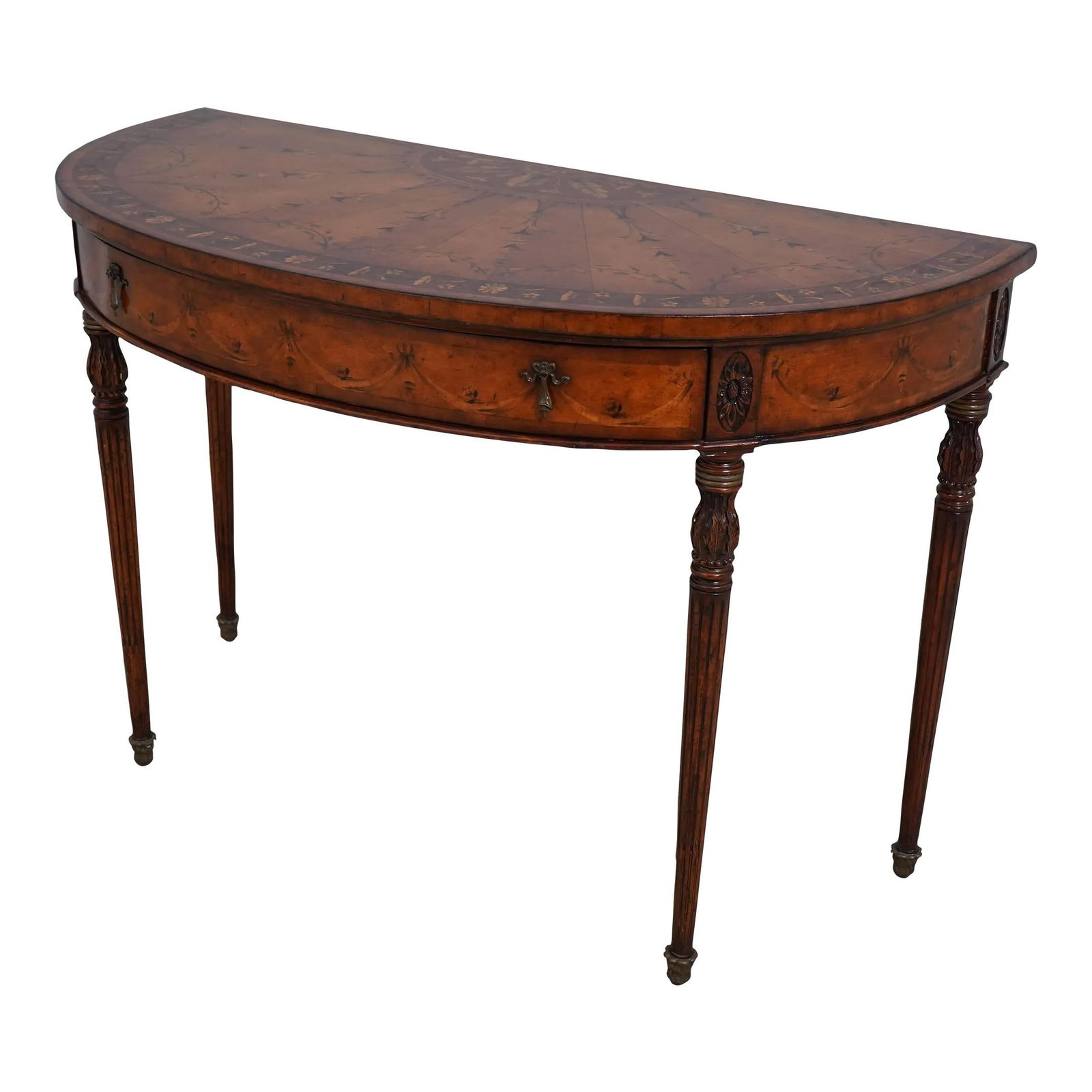 Jonathan Charles Adams Style Inlaid Oak Console Table with Brass Trim (1 of 10)