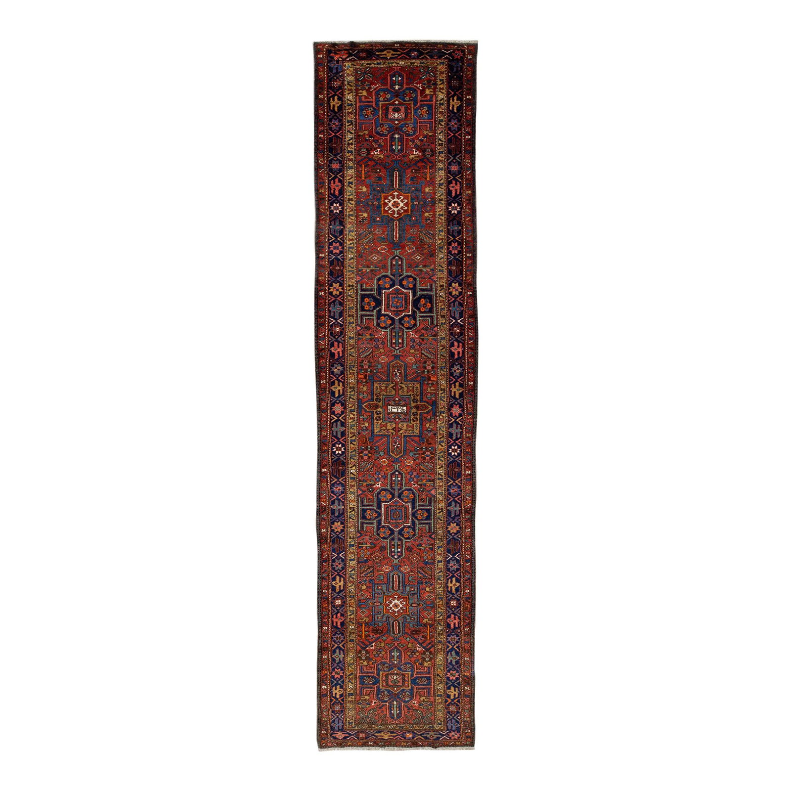 Rust Karajah Handmade Wool Runner 3'7 x 15'5 Geometric Design: Rust Karajah Handmade Wool Runner 3'7 x 15'5 Geometric Design Discover the exquisite beauty of this vintage Karajah hand-knotted wool runner, featuring a rich rust color field adorned with vibrant mul