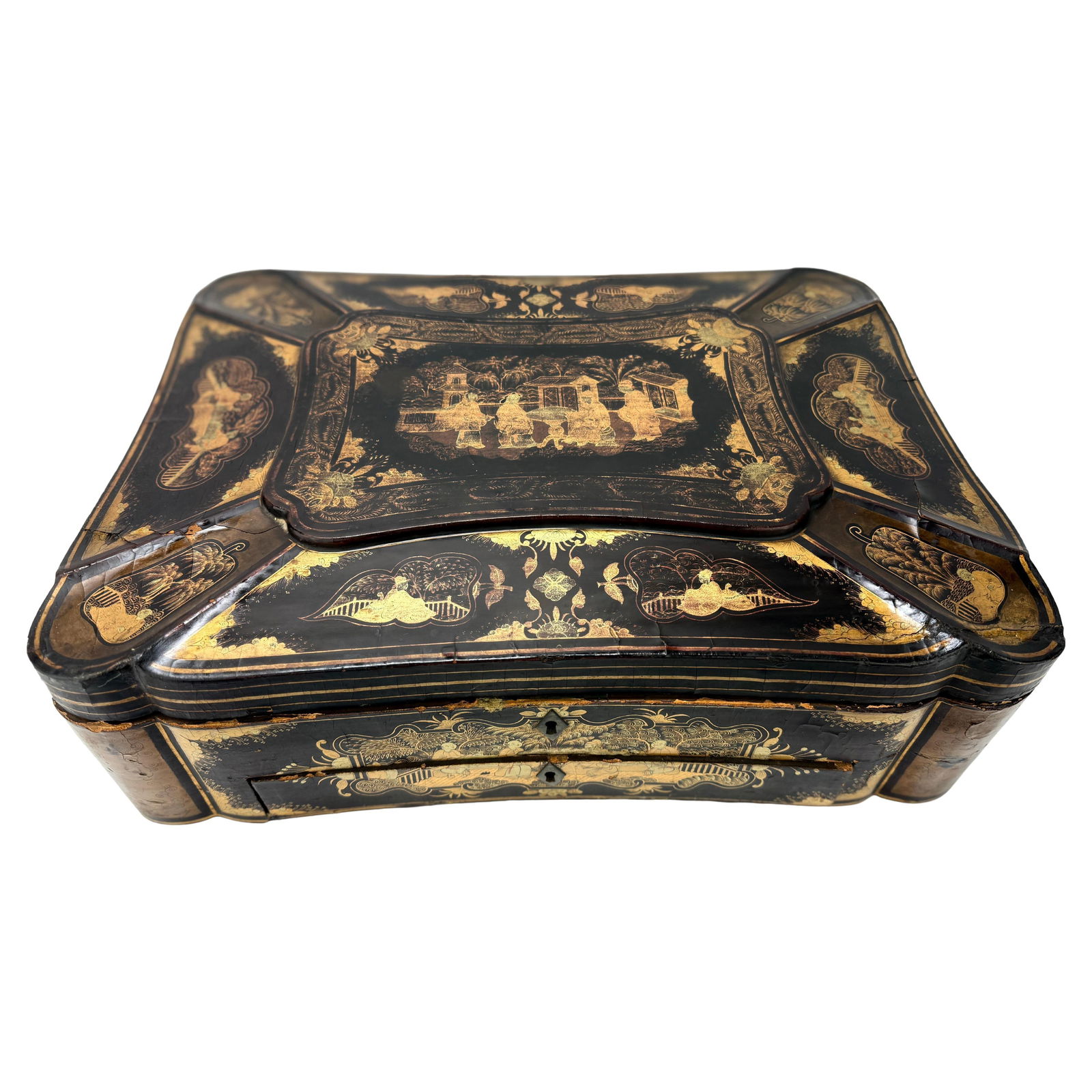 Large Chinese Export Black Lacquer Sewing Box with Gilt Decoration C. 1860 (1 of 10)