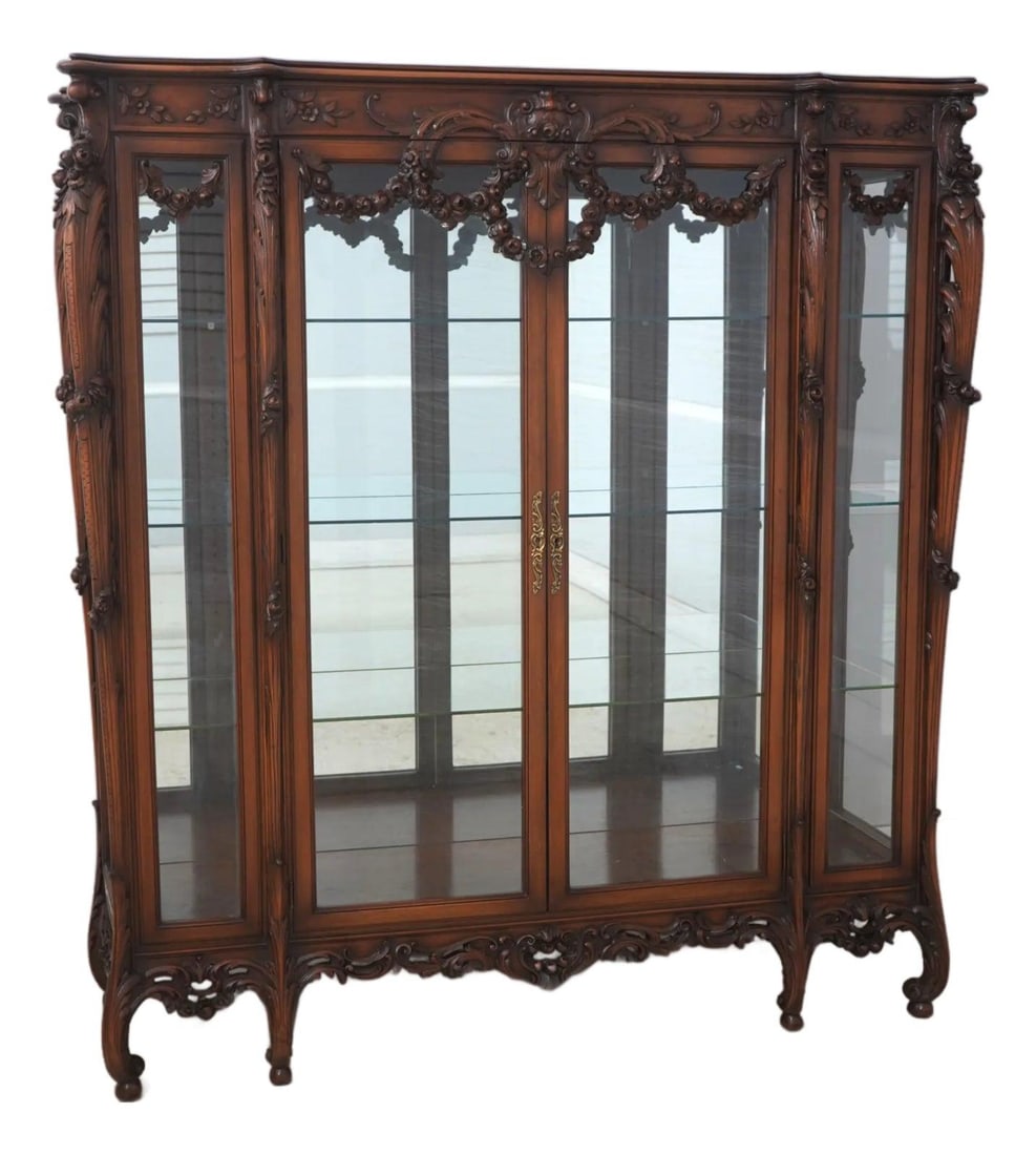 French Rococo Carved Walnut Curio Display Cabinet Vitrine 61w x 21d x 66h (1 of 10)