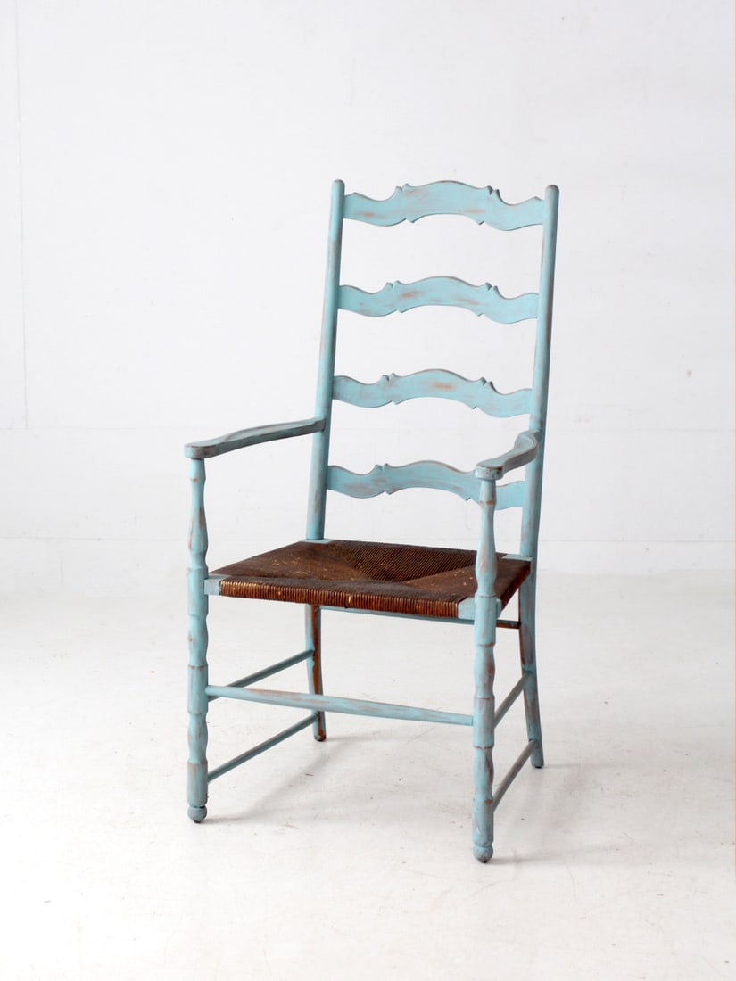 Vintage Sky Blue Ladder Back Chair with Rush Seat (1 of 13)