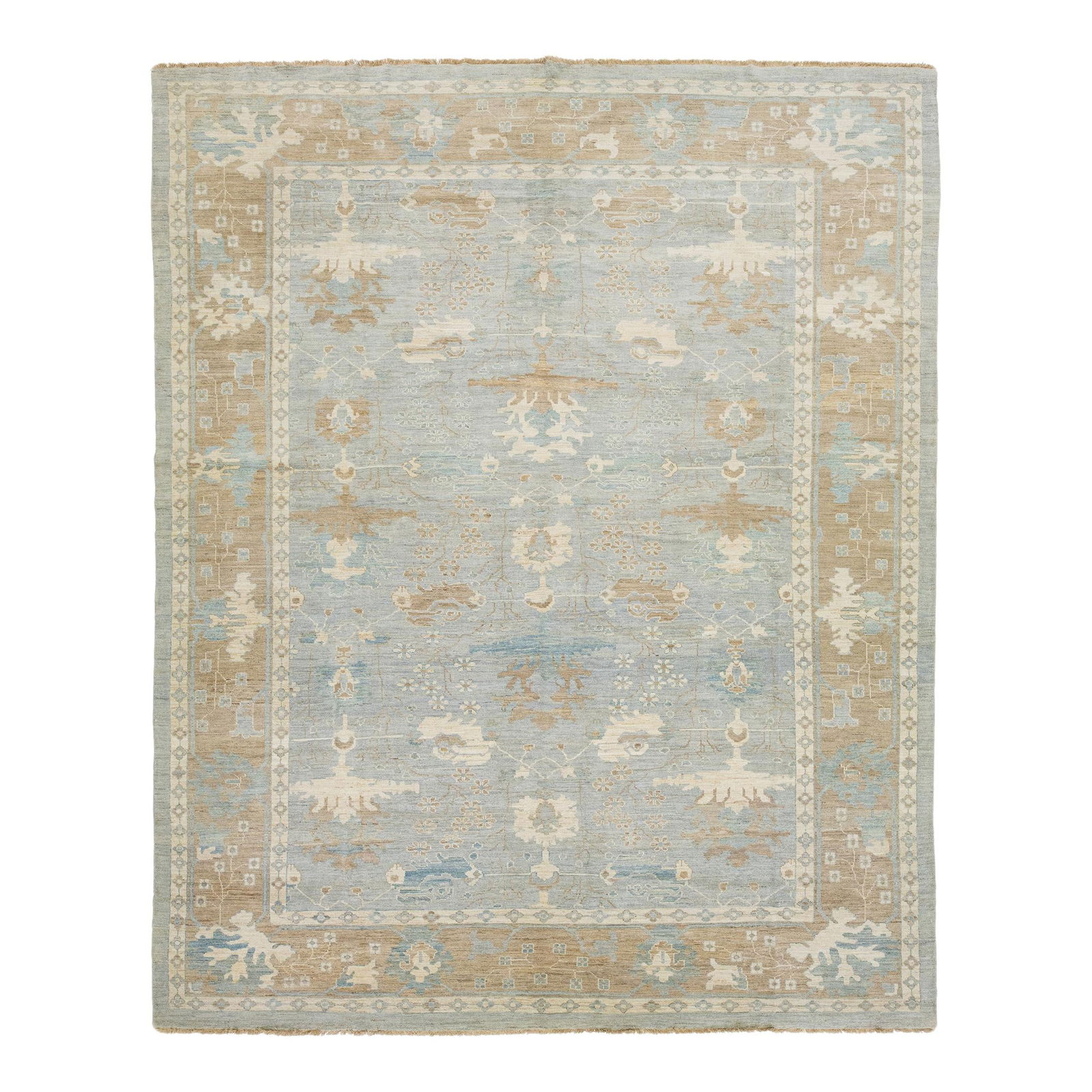 Handmade Light Blue Wool Sultanabad Rug 12'2 x 15': Handmade Light Blue Wool Sultanabad Rug 12'2 x 15' This exquisite hand-knotted wool rug features a stunning light blue background embellished with vibrant multicolor accents in an intricate all-over d