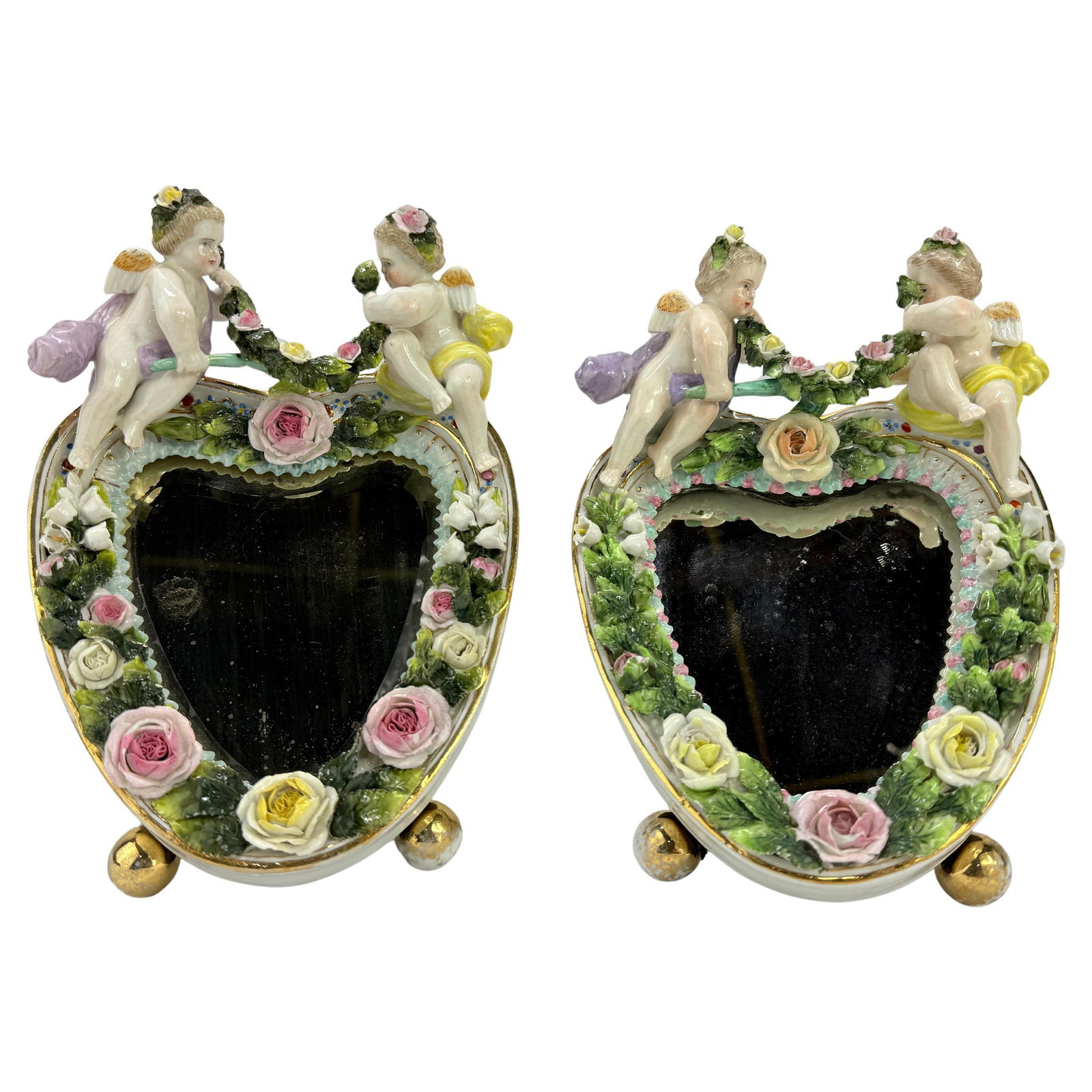 Set of 2 German Meissen Style Rococo Porcelain Table Mirrors with Cherubs (1 of 9)