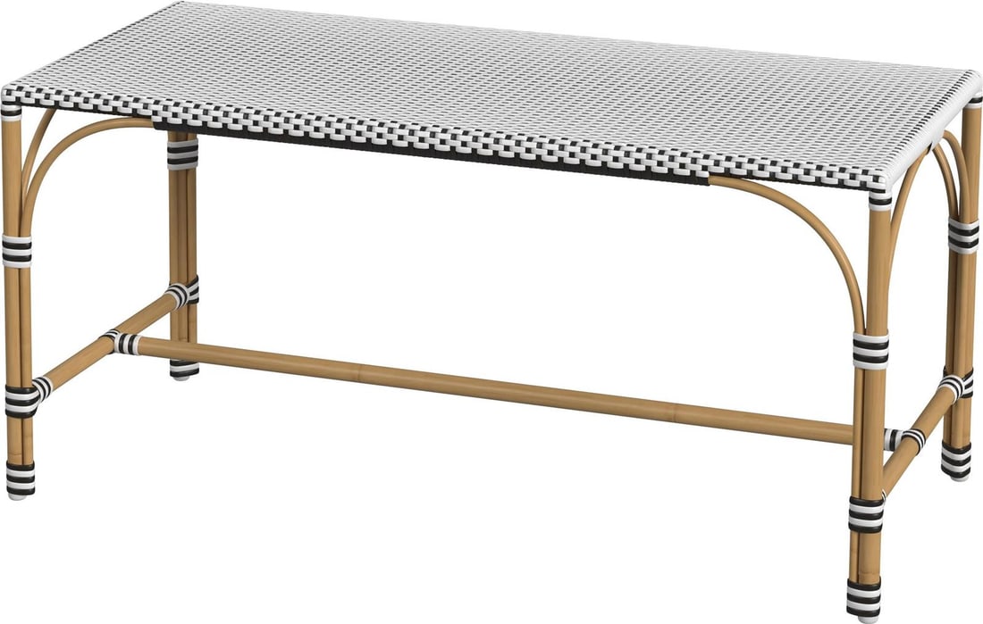 Butler Tobias Black and White Aluminum Rattan Outdoor Bench: Butler Tobias Black and White Aluminum Rattan Outdoor Bench Introducing the Elegant Black and White Outdoor Bench, a perfect addition to your outdoor space. This stylish bench features a classic Engli