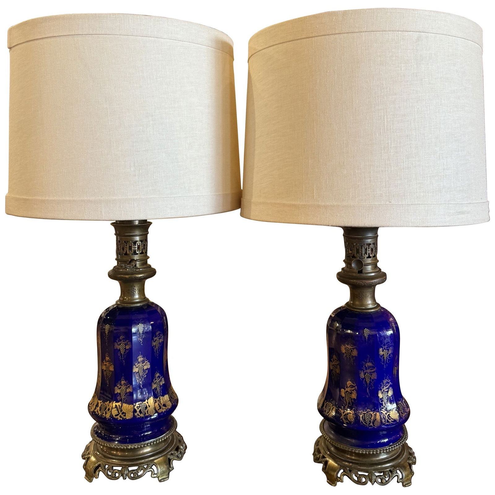 Elegant Pair of 19th Century French Cobalt Blue Brass Table Oil Lamps (1 of 8)