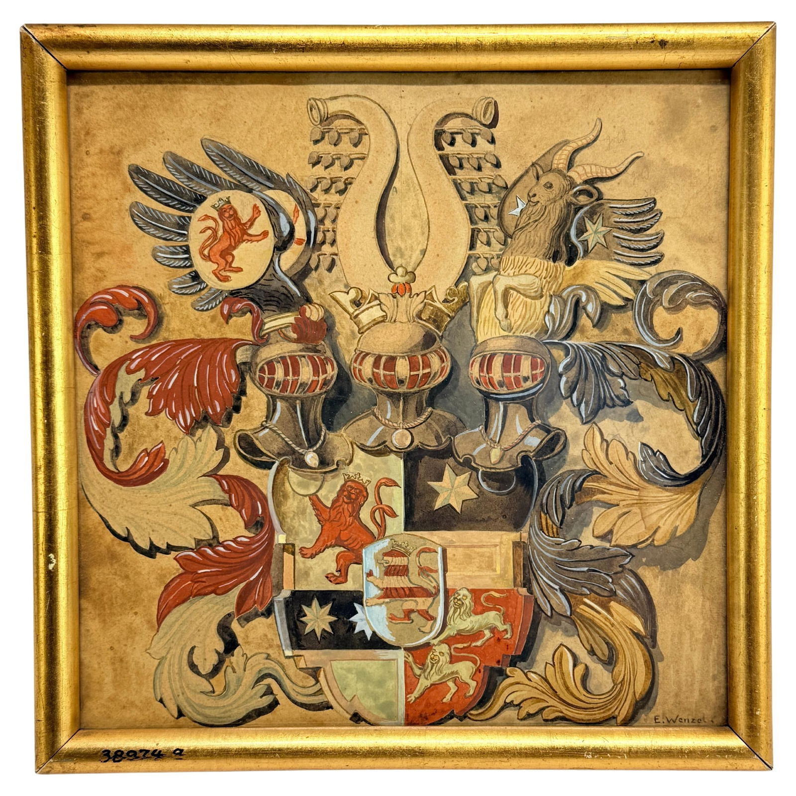19th Century Heraldic Watercolor by E. Wenzel in Giltwood Frame (1 of 12)