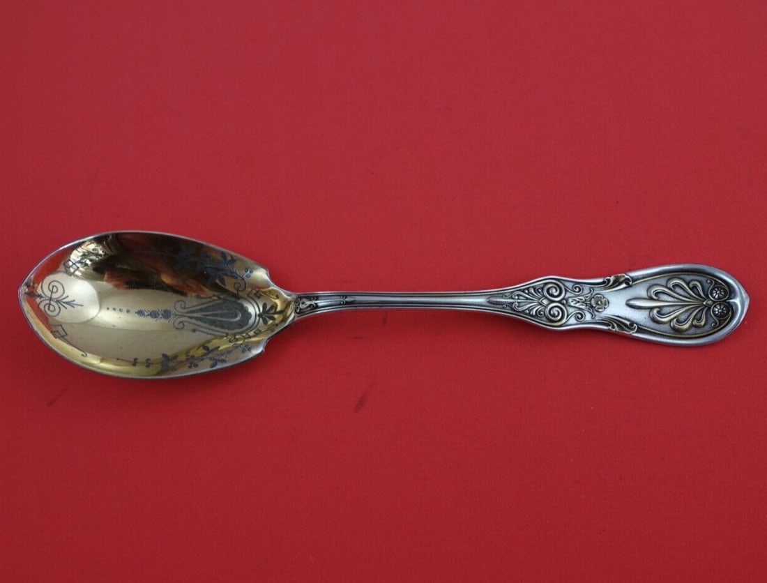 Tiffany & Co Saratoga Sterling Silver Berry Spoon 8 7/8 Rose Gold Wash: Tiffany & Co Saratoga Sterling Silver Berry Spoon 8 7/8 Rose Gold Wash This exquisite berry spoon is part of the Saratoga pattern by Tiffany & Co., crafted from high-quality sterling silver. Measuring