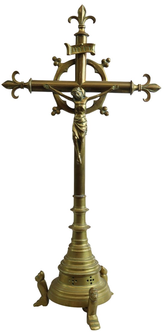 Antique 1900 Gothic Brass Crucifix Fleur De Lis 18.25 Inches (1 of 10)