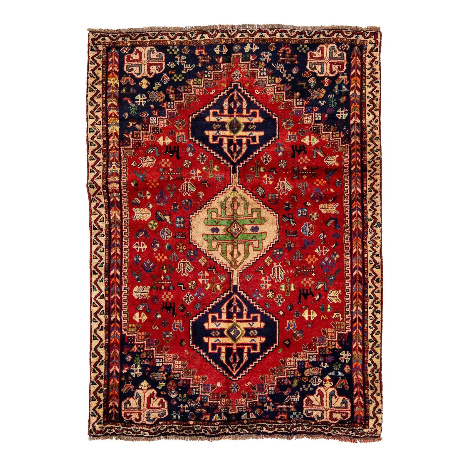 Handmade Red Wool Rug 3'8 x 5'2 Tribal Design Vintage (1 of 7)