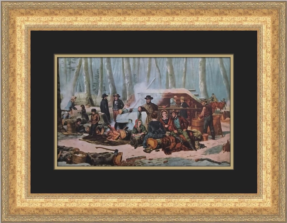 Currier & Ives American Forest Scene Maple Sugaring Framed Print 1952: Currier & Ives American Forest Scene Maple Sugaring Framed Print 1952 This exquisite Currier & Ives print titled "American Forest Scene-Maple Sugaring" captures a serene moment in nature, showcasing t