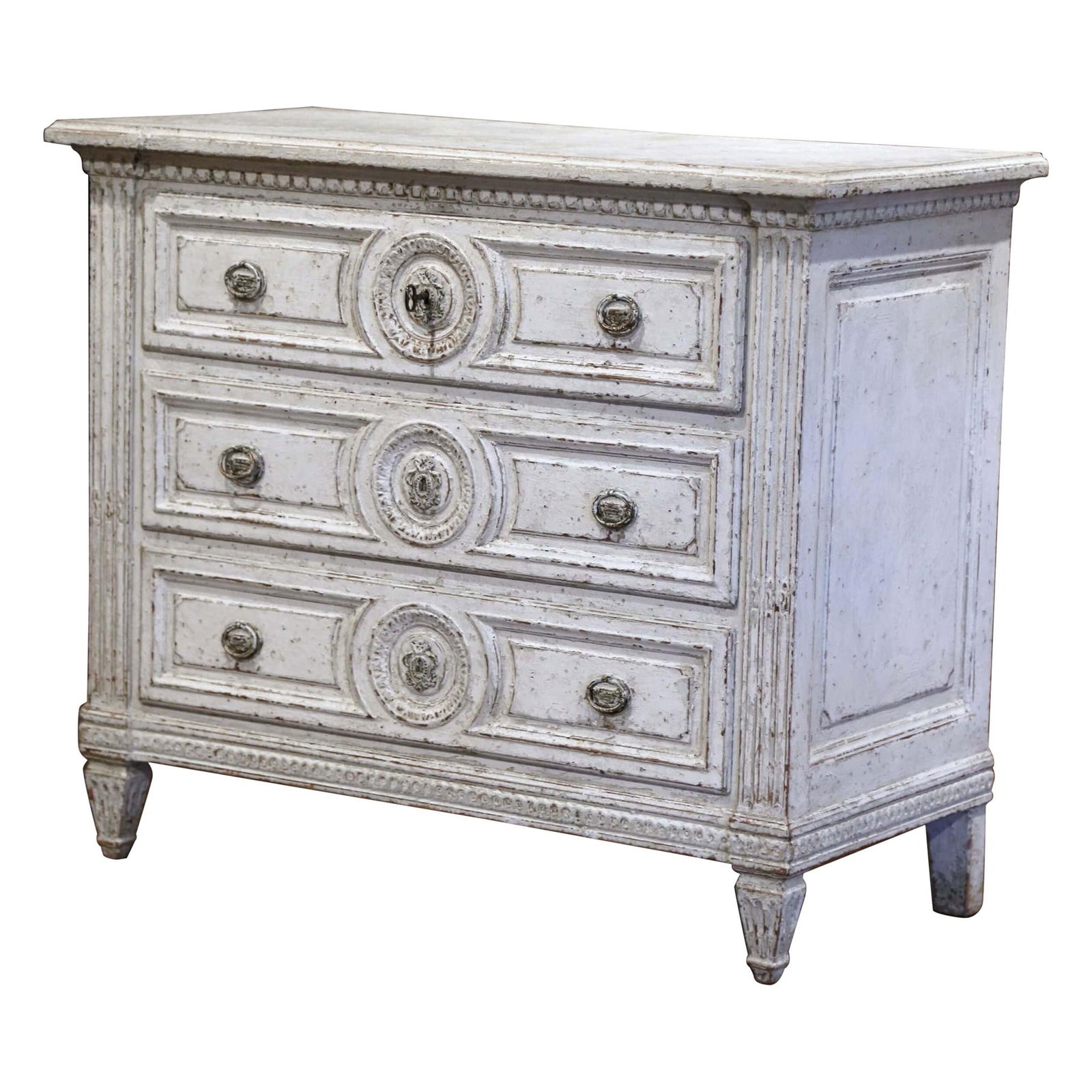 19th Century Louis XVI Hand-Carved Painted Commode with Medallion Drawers (1 of 10)