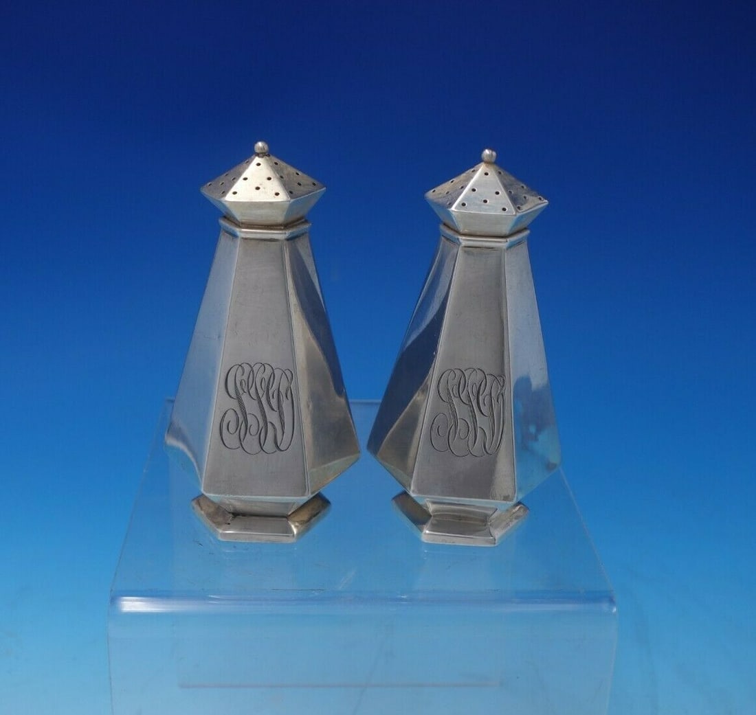 Charles Wientge Co Sterling Silver Salt Pepper Shaker Set 2pc Monogrammed: Charles Wientge Co Sterling Silver Salt Pepper Shaker Set 2pc Monogrammed This exquisite 2-piece salt and pepper shaker set, crafted by Charles Wientge Co., showcases the elegance of sterling silver f