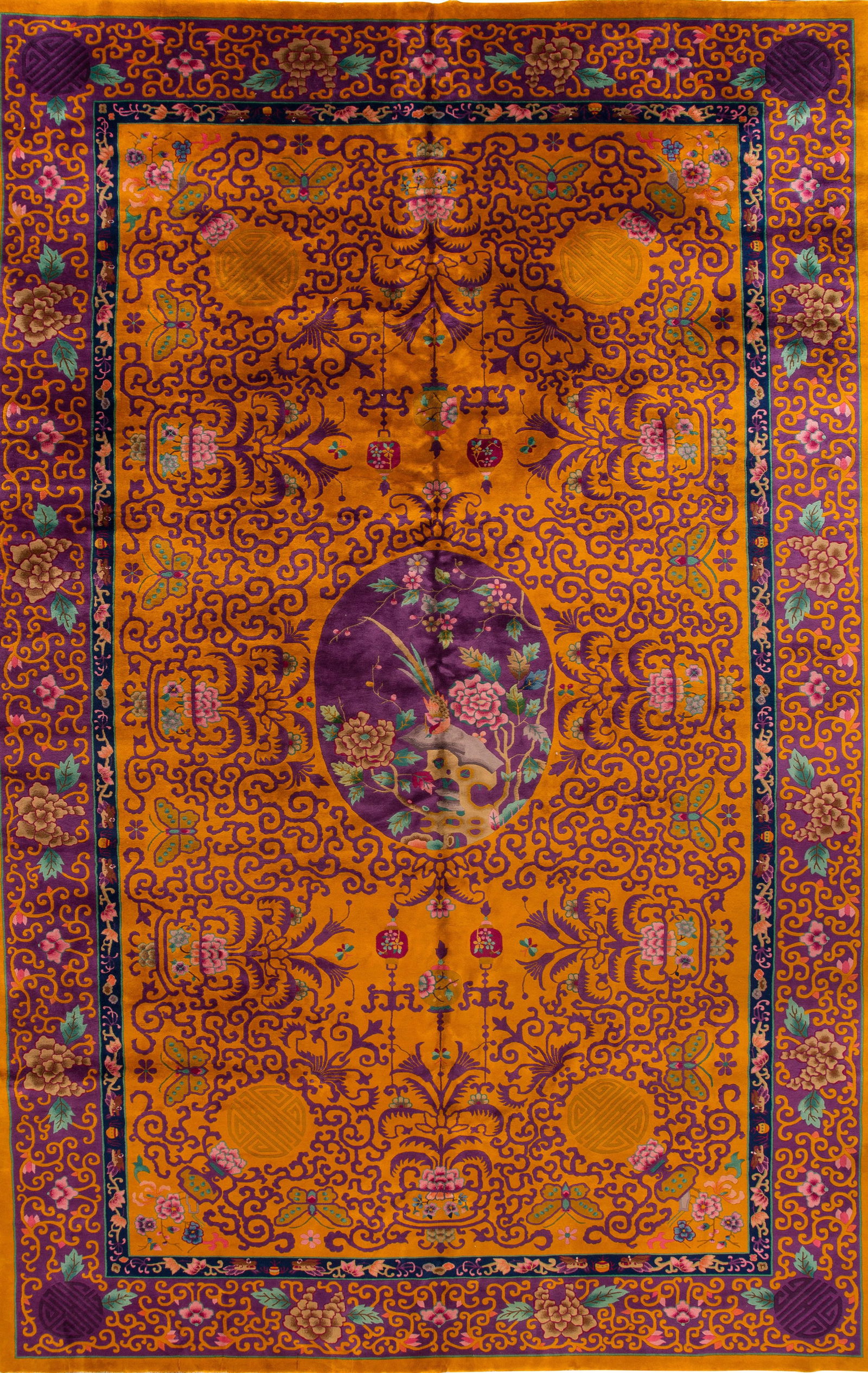 Oversized Antique Chinese Art Deco Wool Rug Goldenrod 11'9 x 19'9: Oversized Antique Chinese Art Deco Wool Rug Goldenrod 11'9 x 19'9 Experience the elegance of this large Antique Chinese Art Deco wool rug, featuring a stunning goldenrod field. Hand-knotted with metic