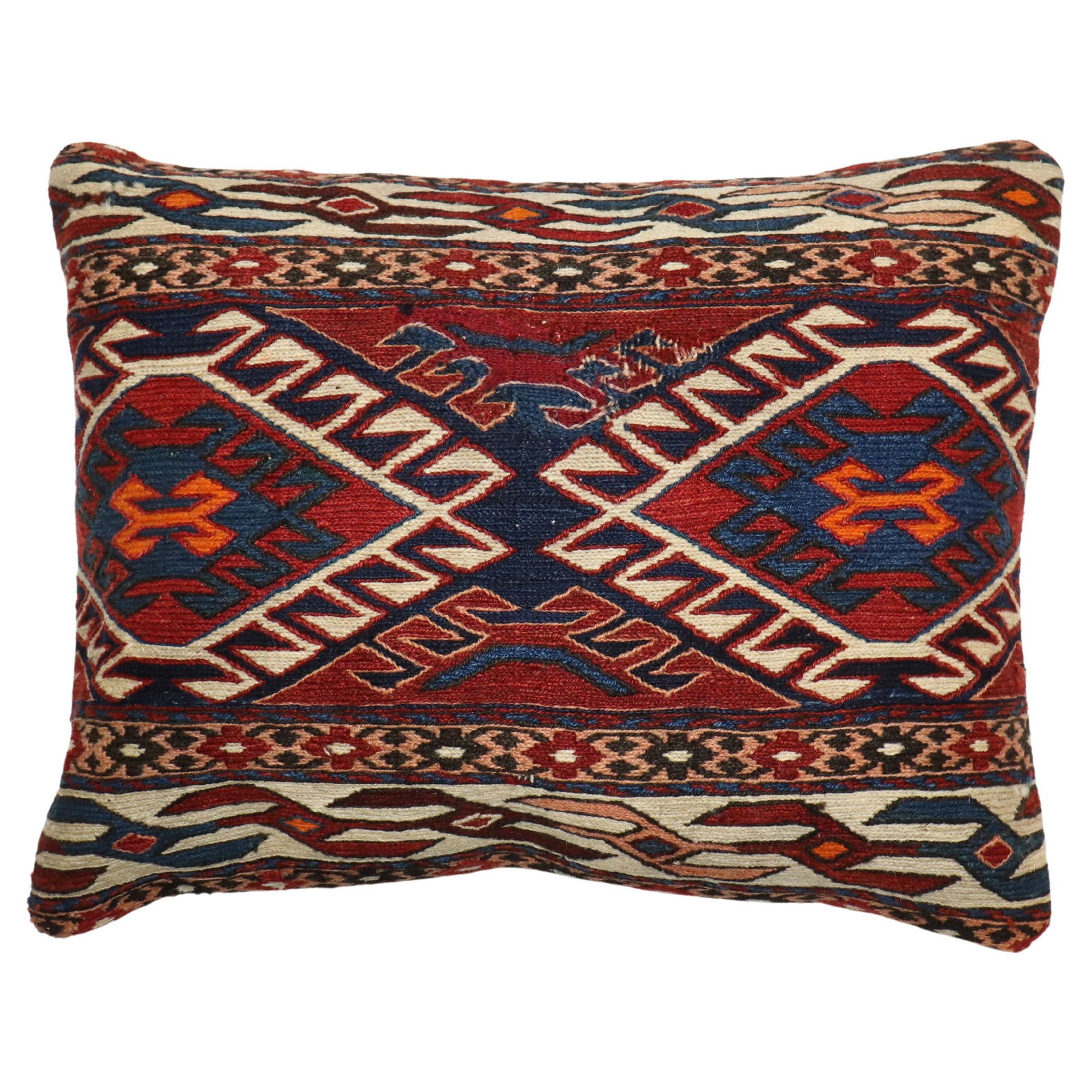 Zabihi Collection Folk Art Soumac Pillow 15x19 Iran: Zabihi Collection Folk Art Soumac Pillow 15x19 Iran Discover the unique charm of the Zabihi Collection Soumac Pillow, crafted from a flat-weave Persian Soumac rug. This pillow showcases a vibrant Folk