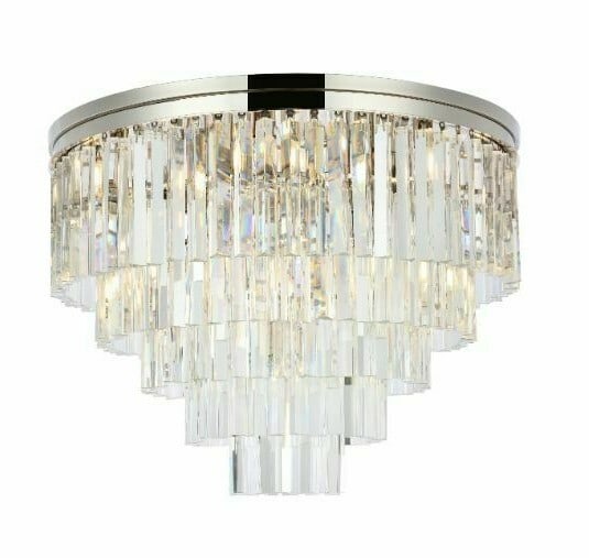 Sydney 17-Light Polished Nickel Flush Mount Chandelier 32 Inch: Sydney 17-Light Polished Nickel Flush Mount Chandelier 32 Inch Illuminate your space with this stunning Flush Mount Crystal Chandelier featuring a contemporary polished nickel finish. Designed to enha