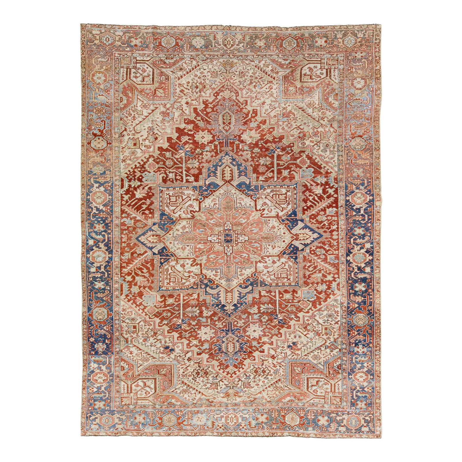 Antique Heriz Persian Handmade Wool Rug 8'7 x 11'7 Rust Blue Frame: Antique Heriz Persian Handmade Wool Rug 8'7 x 11'7 Rust Blue Frame This stunning antique Heriz Persian rug showcases a hand-knotted construction with a rich rust field, beautifully complemented by a b