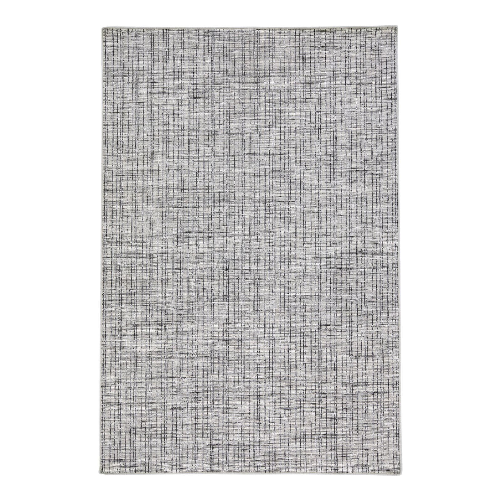 2020s Contemporary Charcoal Hand Loomed Wool Rug with Silver Striations: 2020s Contemporary Charcoal Hand Loomed Wool Rug with Silver Striations Enhance your living space with this stunning contemporary hand-loomed wool rug, featuring a rich gray-charcoal field accentuated