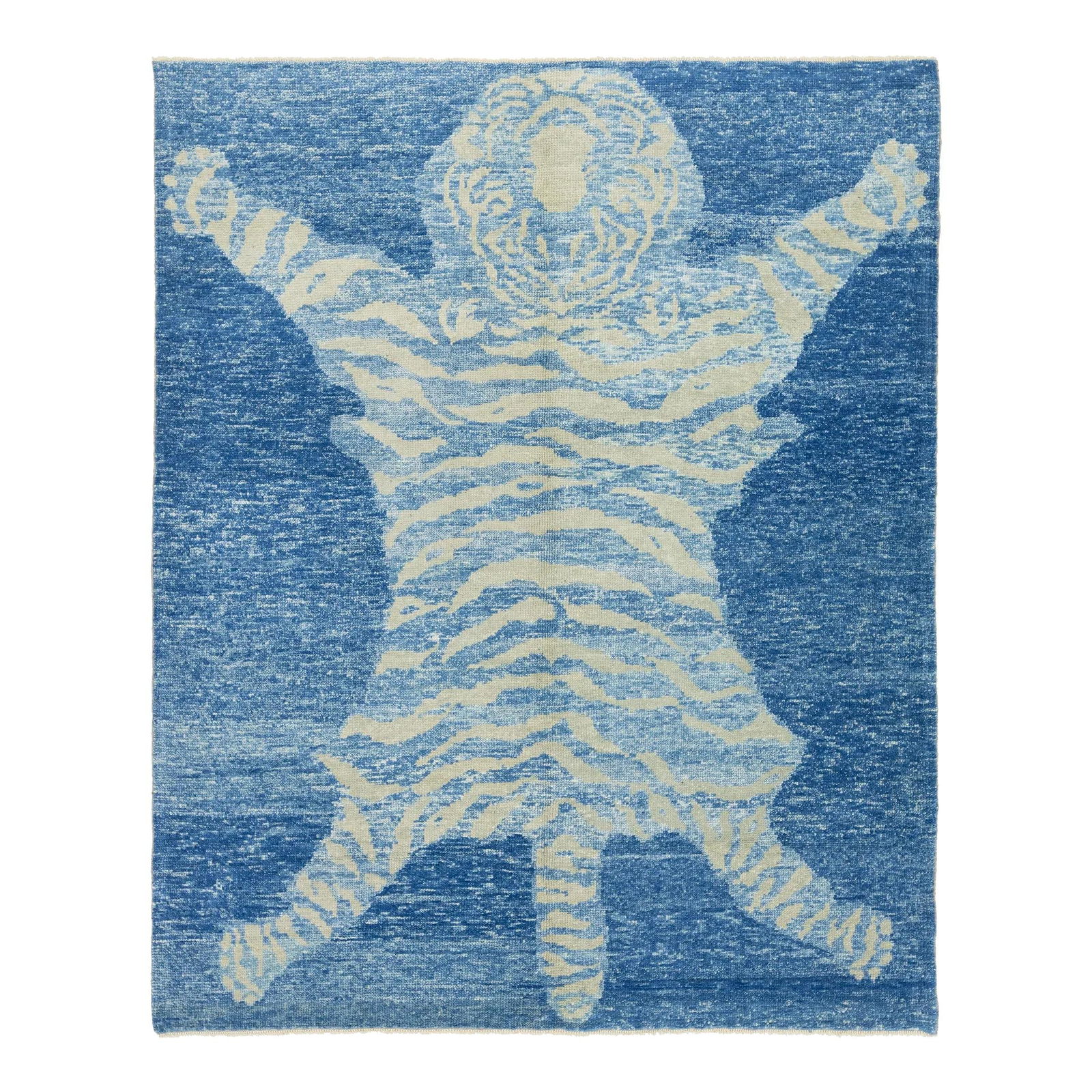Art Deco Tiger Design Blue Wool Rug 6'3 x 7'8 Handmade: Art Deco Tiger Design Blue Wool Rug 6'3 x 7'8 Handmade Elevate your space with this stunning Handmade Contemporary Tiger Designed Wool Rug. This exquisite Turkish Art Deco piece features a captivating