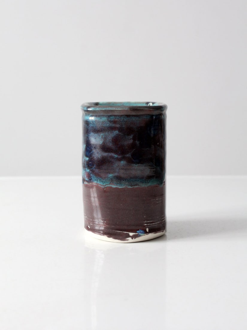 Signed Vintage Studio Pottery Vase Blue Brown Glaze 6.75 inches (1 of 11)