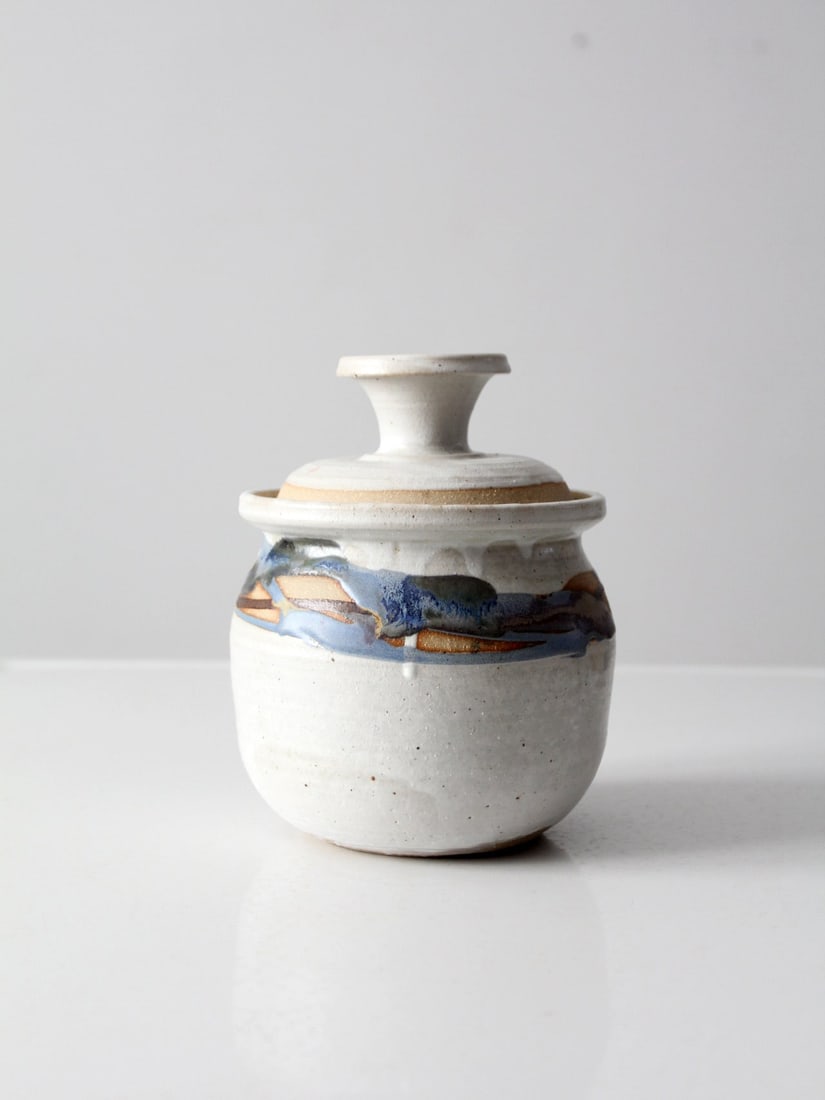 Vintage Klind Pottery Jar 1999 White Glaze with Blue Stripe (1 of 10)