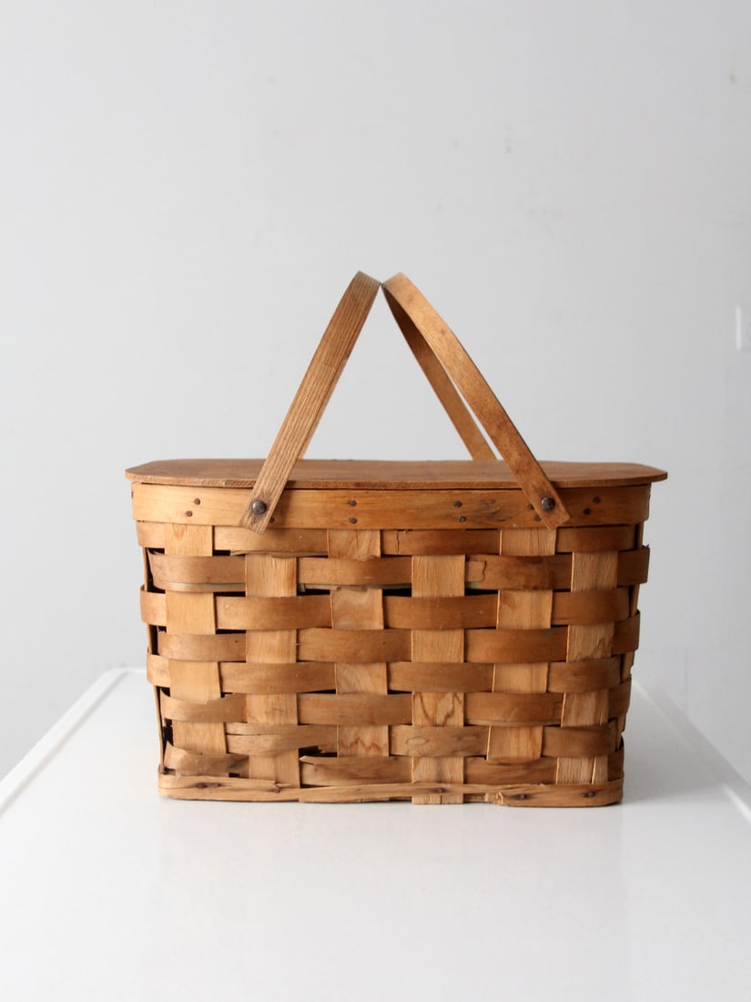 Classic Vintage Splint Weave Picnic Basket with Bentwood Handles (1 of 13)