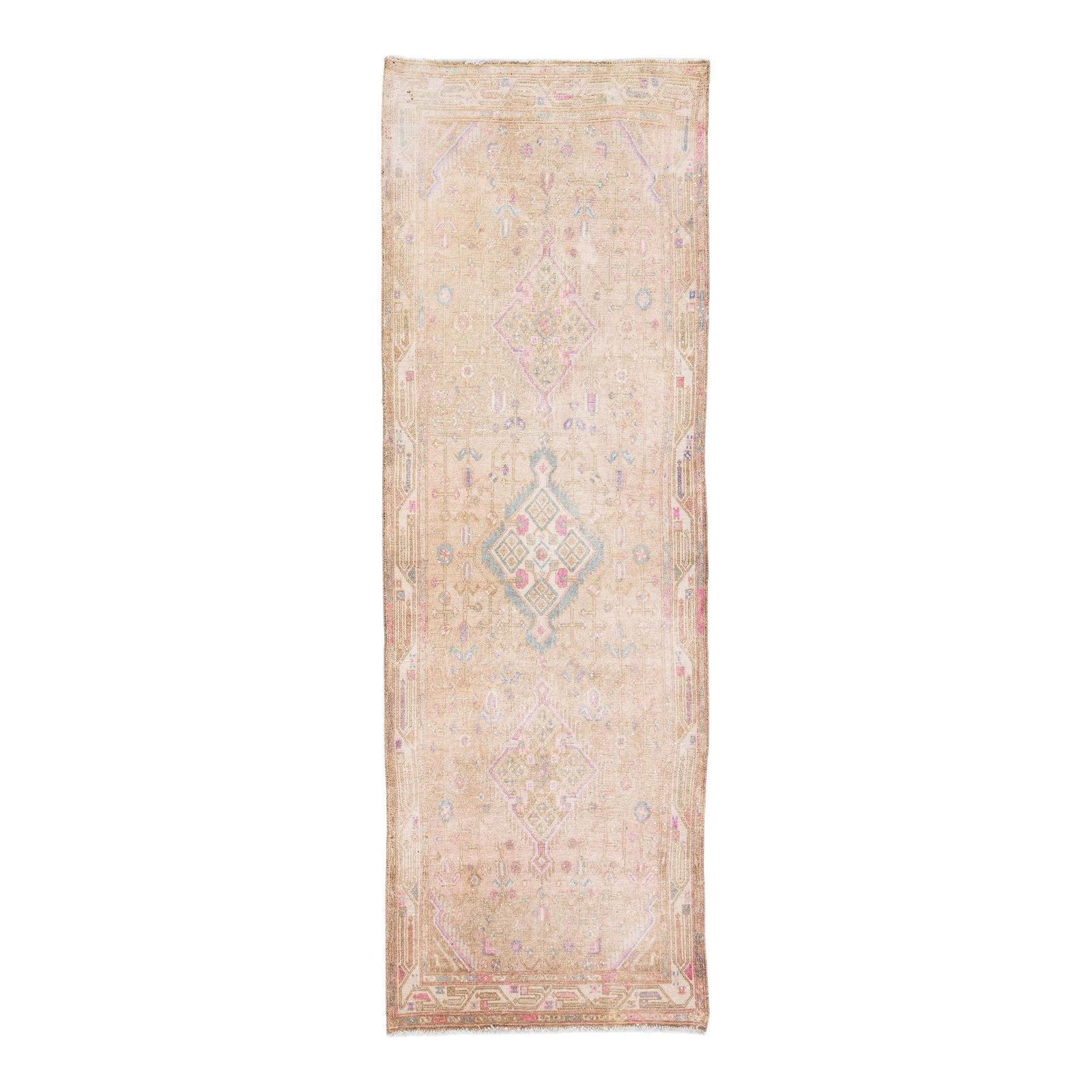 1960s Persian Hamadan Beige Wool Medallion Runner 3'6 x 10'4: 1960s Persian Hamadan Beige Wool Medallion Runner 3'6 x 10'4 This exquisite vintage Persian Hamadan runner showcases a stunning hand-knotted wool construction with a warm beige field. The rug features