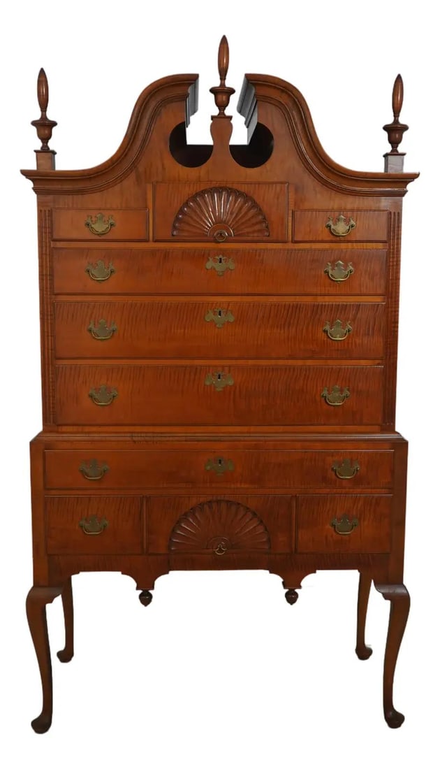 New England Queen Anne Highboy in Tiger Maple with Brass Hardware (1 of 10)