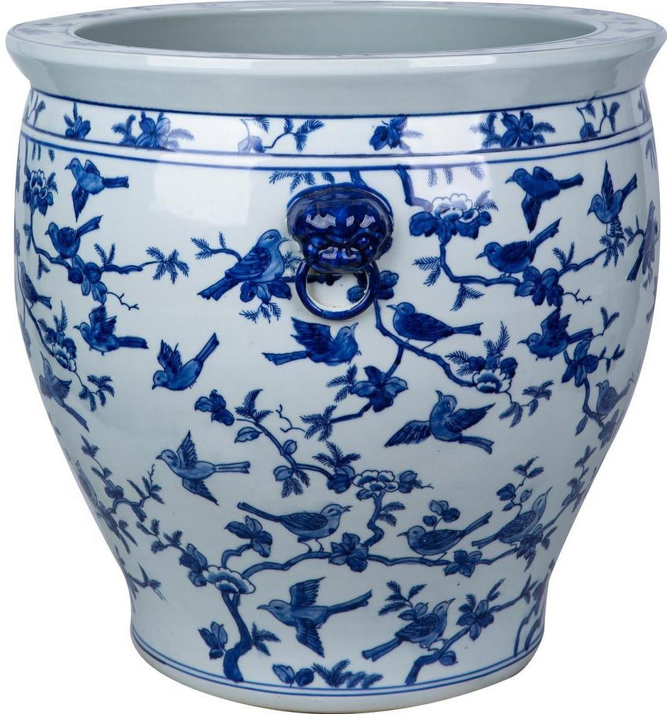Handcrafted 18 Inch Blue and White Porcelain Planter with Bird Design (1 of 3)