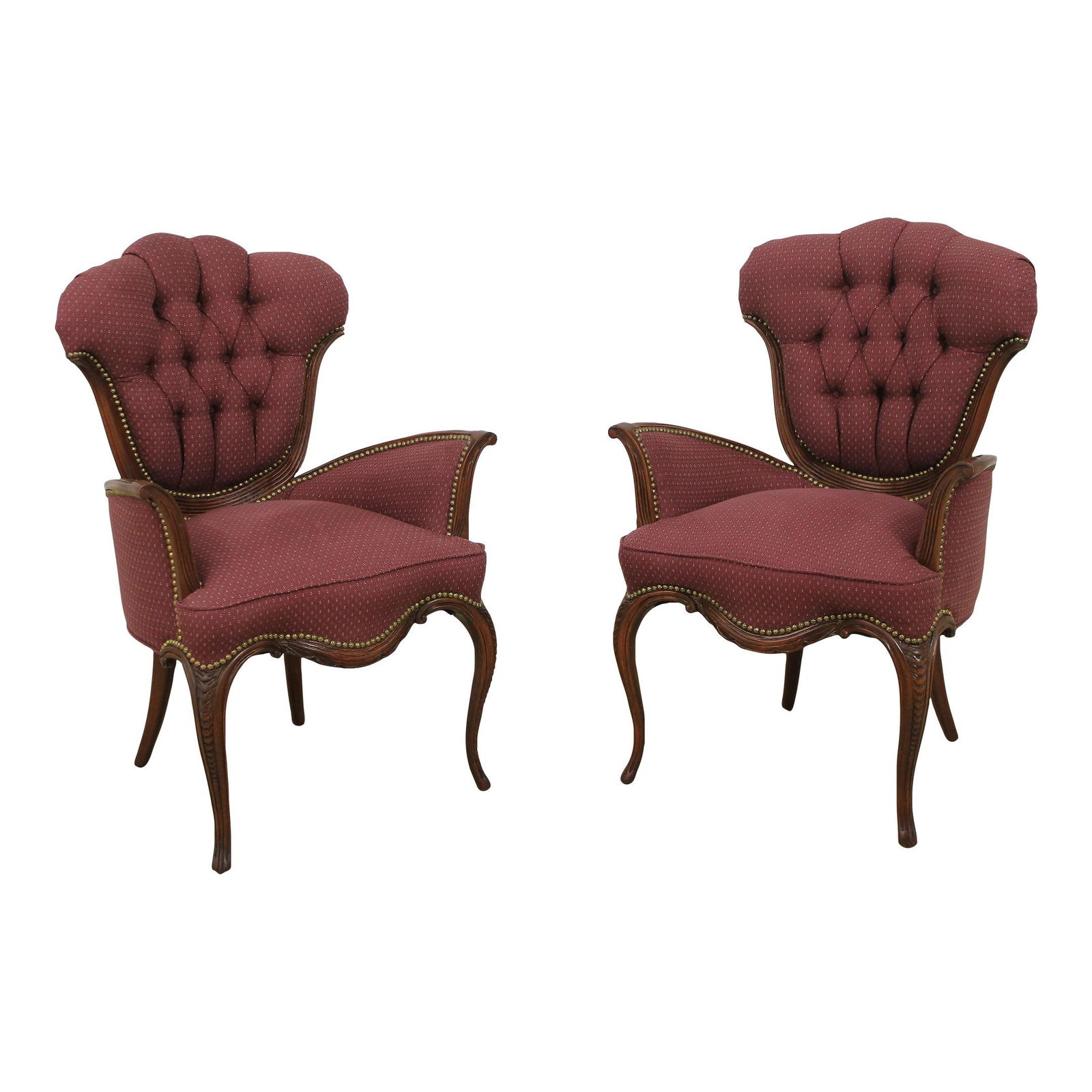 Vintage 1950s French Style Mahogany Living Room Chairs Pair: Vintage 1950s French Style Mahogany Living Room Chairs Pair This pair of vintage 1950s French style living room chairs features a stunning mahogany finish and quality construction. With elegant curved