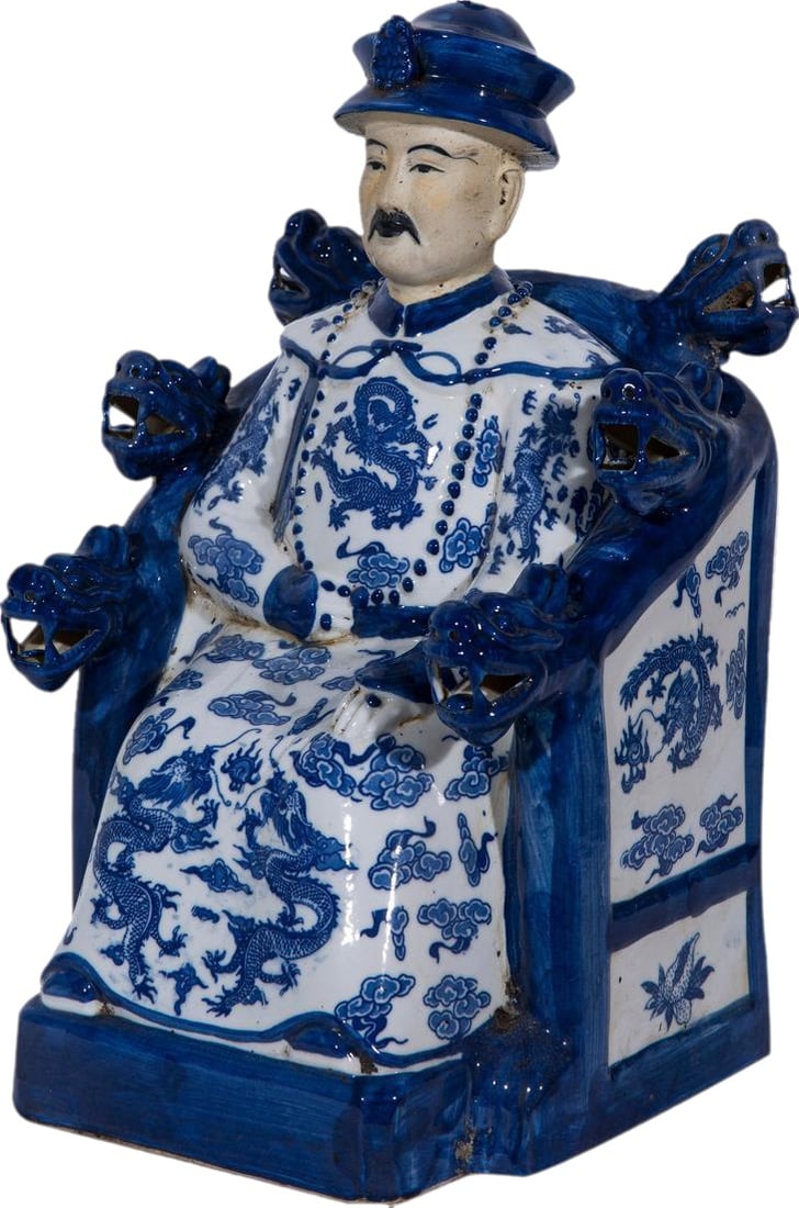 Hand-Crafted Chinoiserie Blue White Emperor Sculpture 14H (1 of 4)