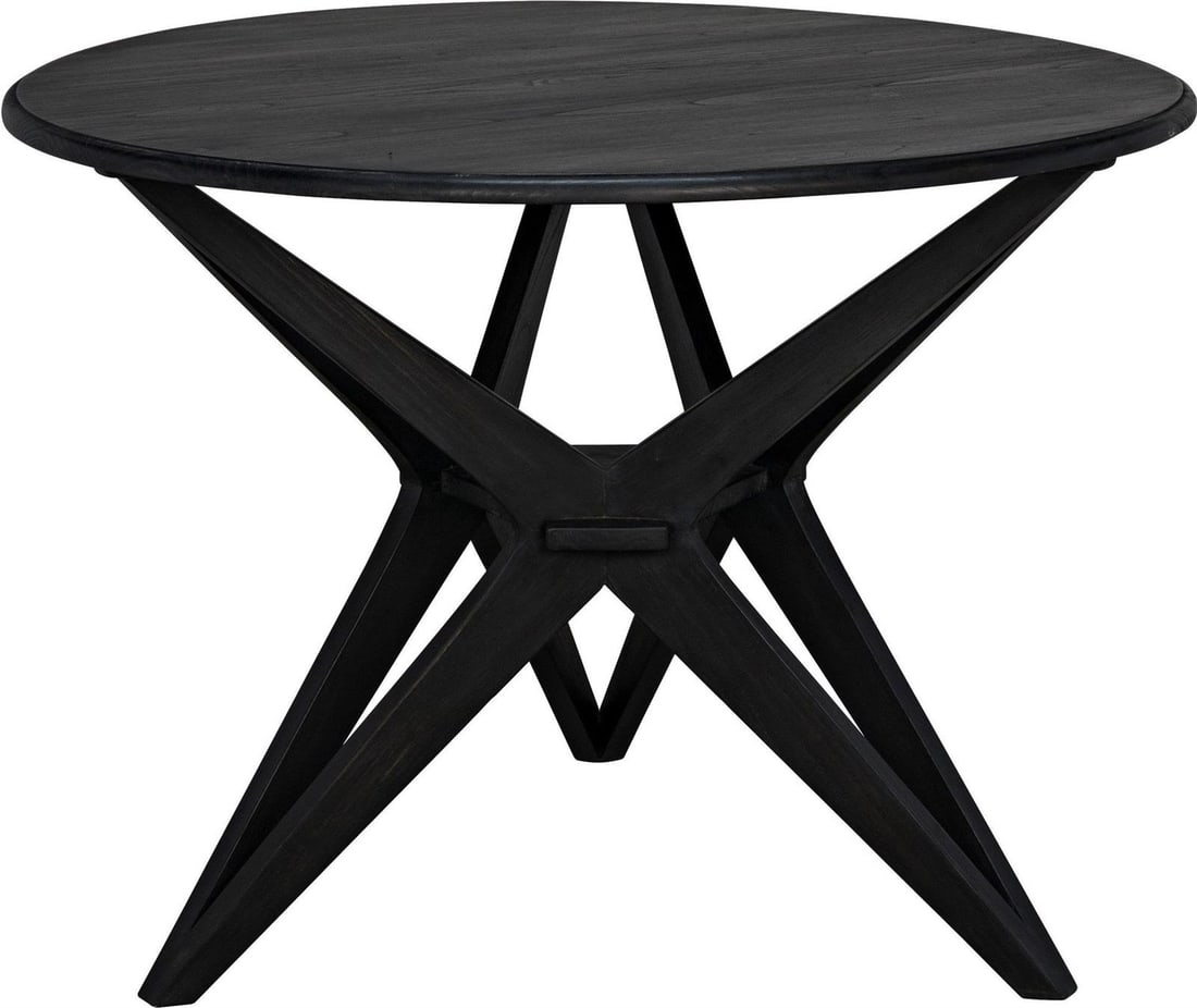 Noir Victor Charcoal Black Round Dining Table Mindi Sungkai Veneer: Noir Victor Charcoal Black Round Dining Table Mindi Sungkai Veneer Introducing the Traditional Charcoal Black Victor Dining Table, a stunning centerpiece for your dining area. This table features a sl