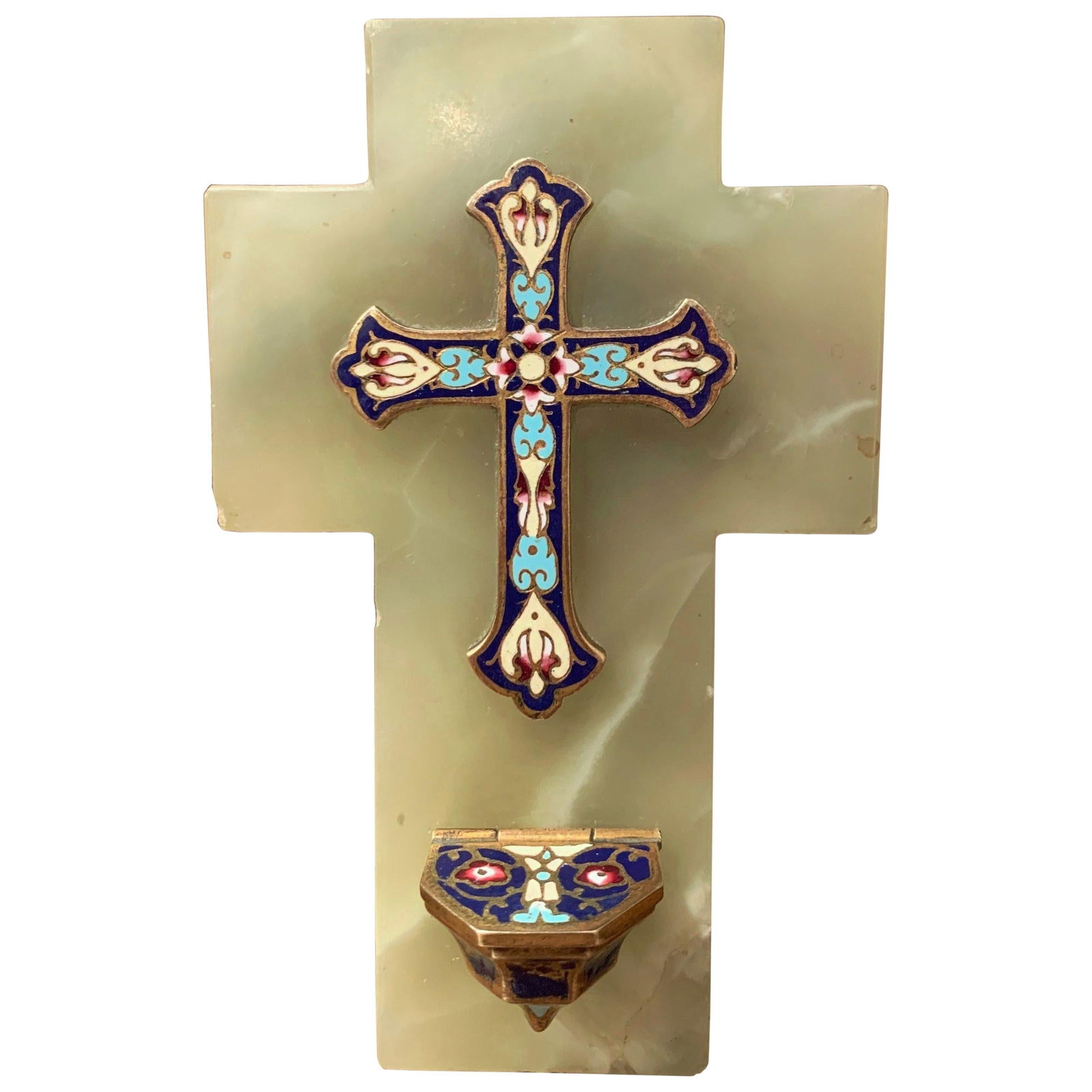 19th Century French Champleve Brass Cross with Holy Water Font on Green Marble (1 of 7)