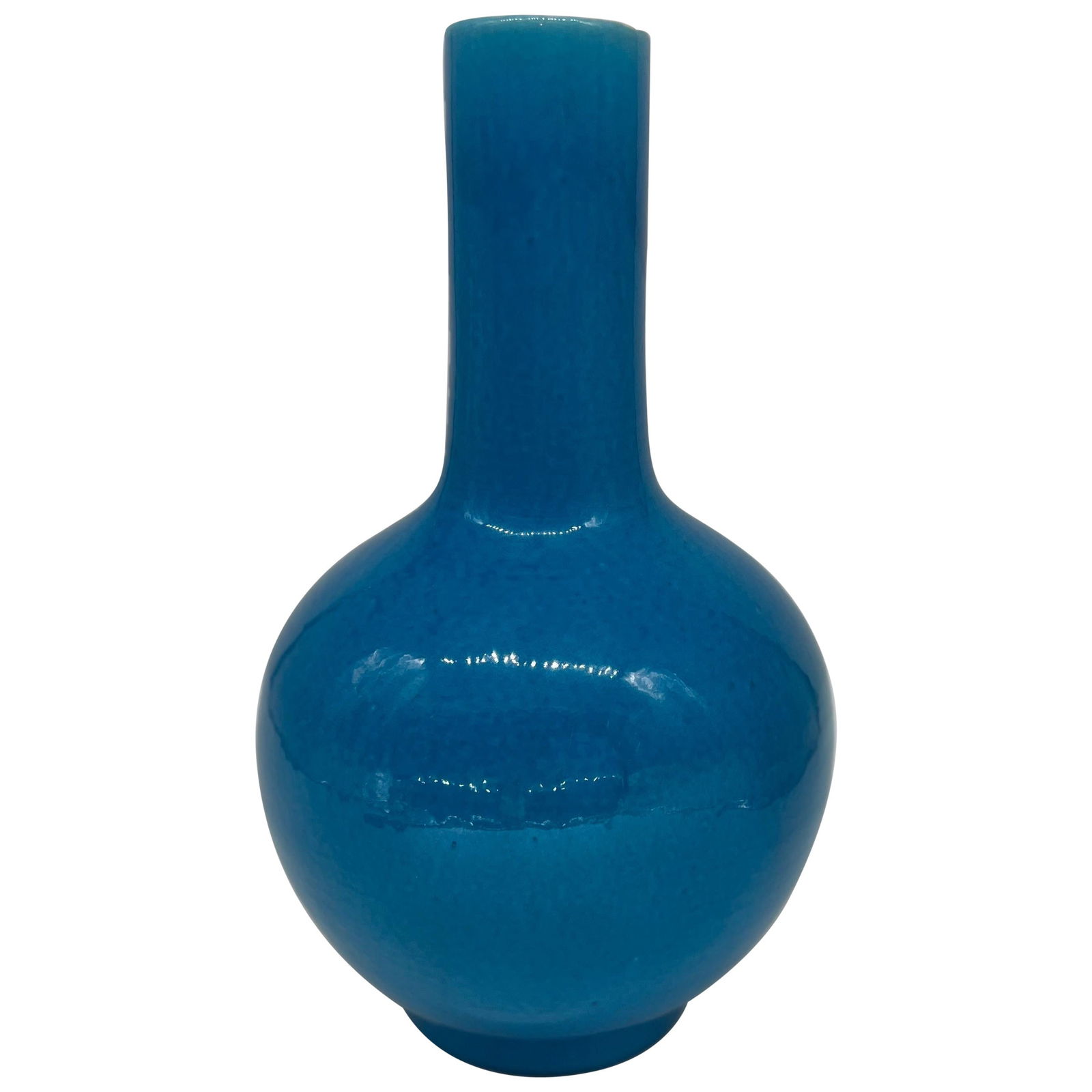 Chinese 14 Inch Peacock Blue Porcelain Bottle Vase (1 of 6)