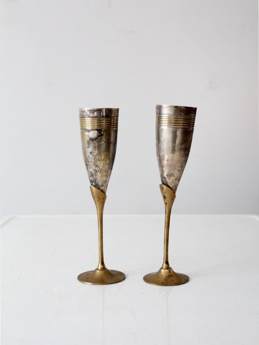 Vintage Pair of Brass Silver Plate Champagne Flutes Ribbed Design (1 of 10)