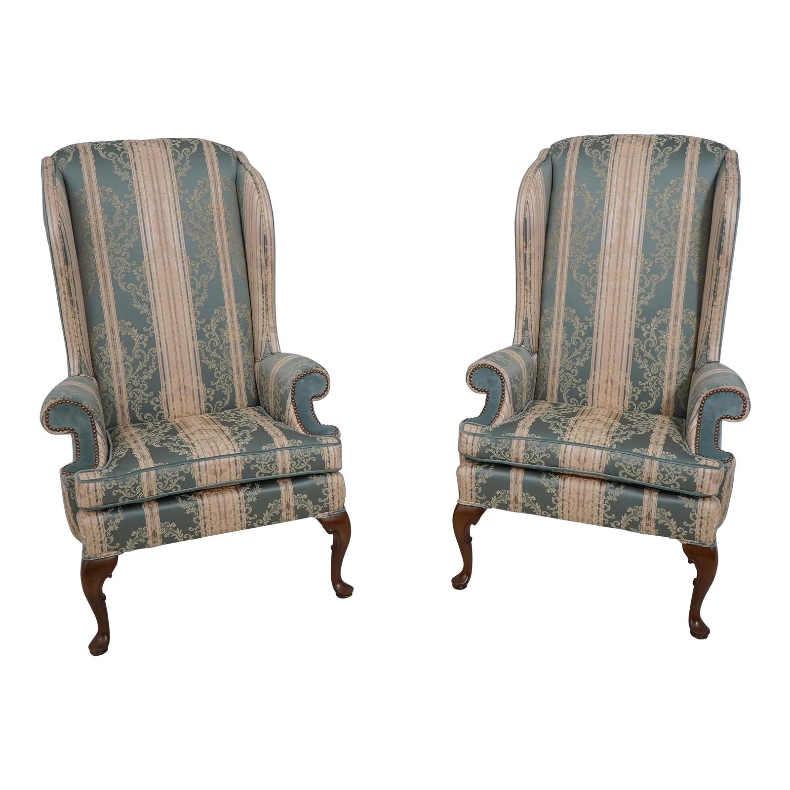 Elegant Pair of Newly Upholstered Damask Wing Chairs by Hickory Chair Co (1 of 10)
