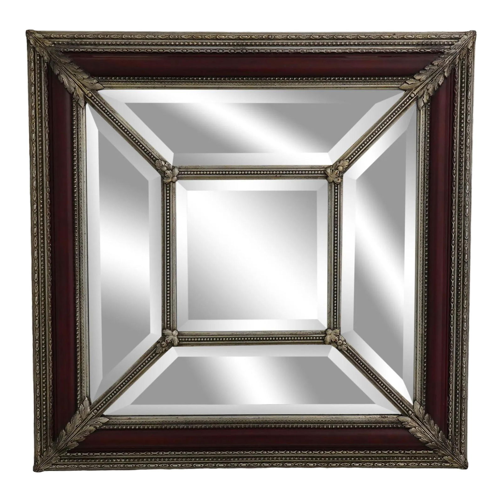Friedman Brothers Square Mirror Burgundy Silver Beveled Edges 34.25": Friedman Brothers Square Mirror Burgundy Silver Beveled Edges 34.25" This exquisite Friedman Brothers Square Mirror features a striking burgundy and silver finish with beautifully beveled sides and ce
