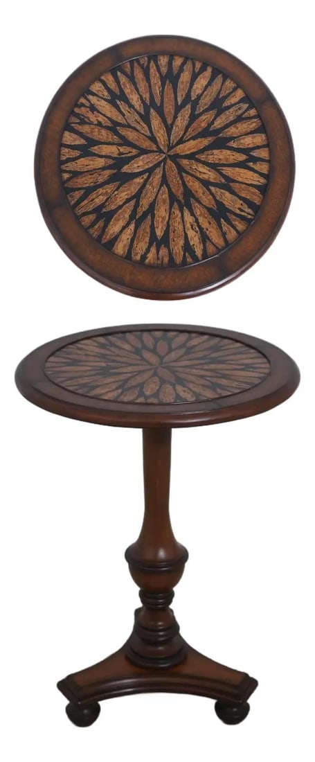 Walnut Finish Pedestal Table With Textured Leather Top Modern Regency Style: Walnut Finish Pedestal Table With Textured Leather Top Modern Regency Style This round occasional table features a modern Regency style with a pedestal base. It has a walnut finish and a textured leat