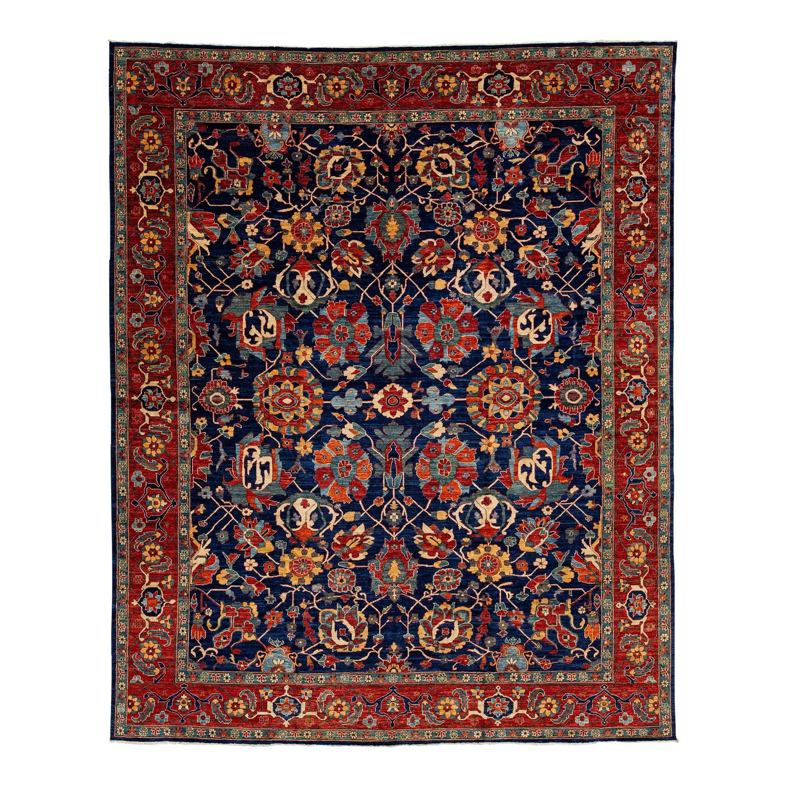 Handmade Navy Blue Serapi Style Wool Rug with Floral Design 11'10 x 14'7: Handmade Navy Blue Serapi Style Wool Rug with Floral Design 11'10 x 14'7 Enhance your living space with this exquisite Serapi-style handmade wool rug, featuring a deep navy blue color field. The rug i